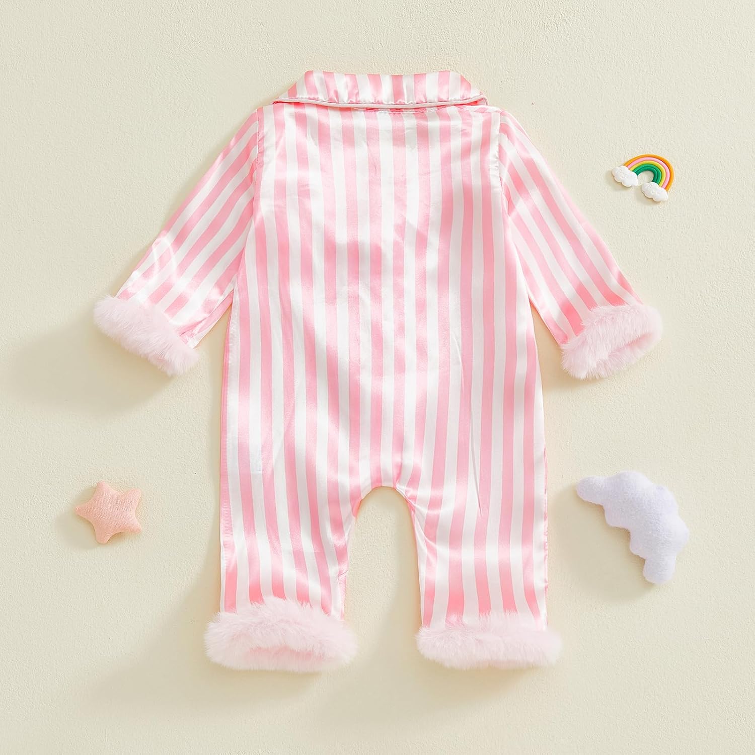 Multitrust Newborn Baby Girl Striped Silk Pajamas Button Down Feather Trim Long Sleeve Satin Infant Pjs One Piece Jumpsuit - Image 4