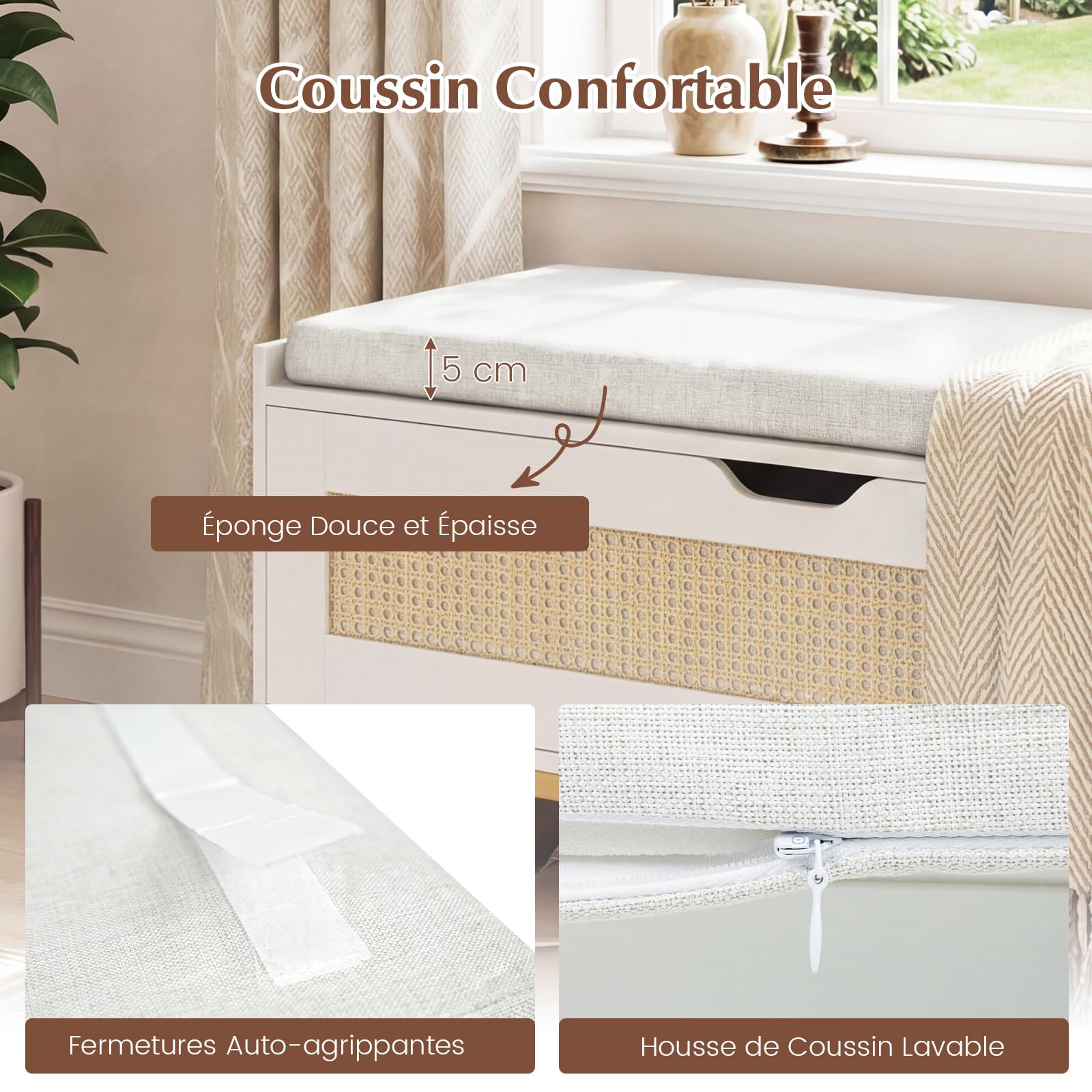 COSTWAY Banc de Rangement en Rotin 100 cm, Banc Chaussures Entrée, Coussin Rembourrée, Couvercle Abattant, Banquette Coffre pour Entrée Salon Chambre, Charge 200 kg, 100 x 35 x 44 cm (Blanc)
