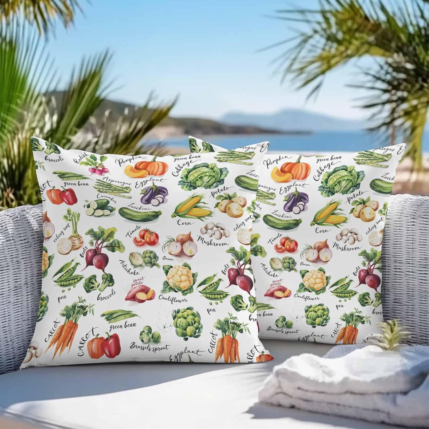 Vegetables Outdoor Pillow Cover 26x26 Inch Cushion Sham Case, Natural Tasty Organic Food White Watercolor Waterproof Decorative Square Throw Pillowcase for Outside Garden Patio Porch Couch Chair Tent
