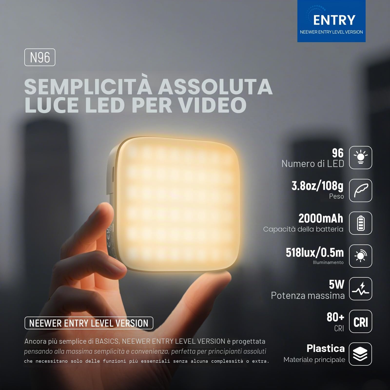 NEEWER ENTRY LEVEL VERSION Luce LED Magnetica per Fotocamera, Piccolo Pannello Luce Bicolore con Clip 96 LED, 2000mAh 3000-9000K CRI80+, 3 Cold Shoe Filettatura 1/4" per Treppiede Video Selfie, N96