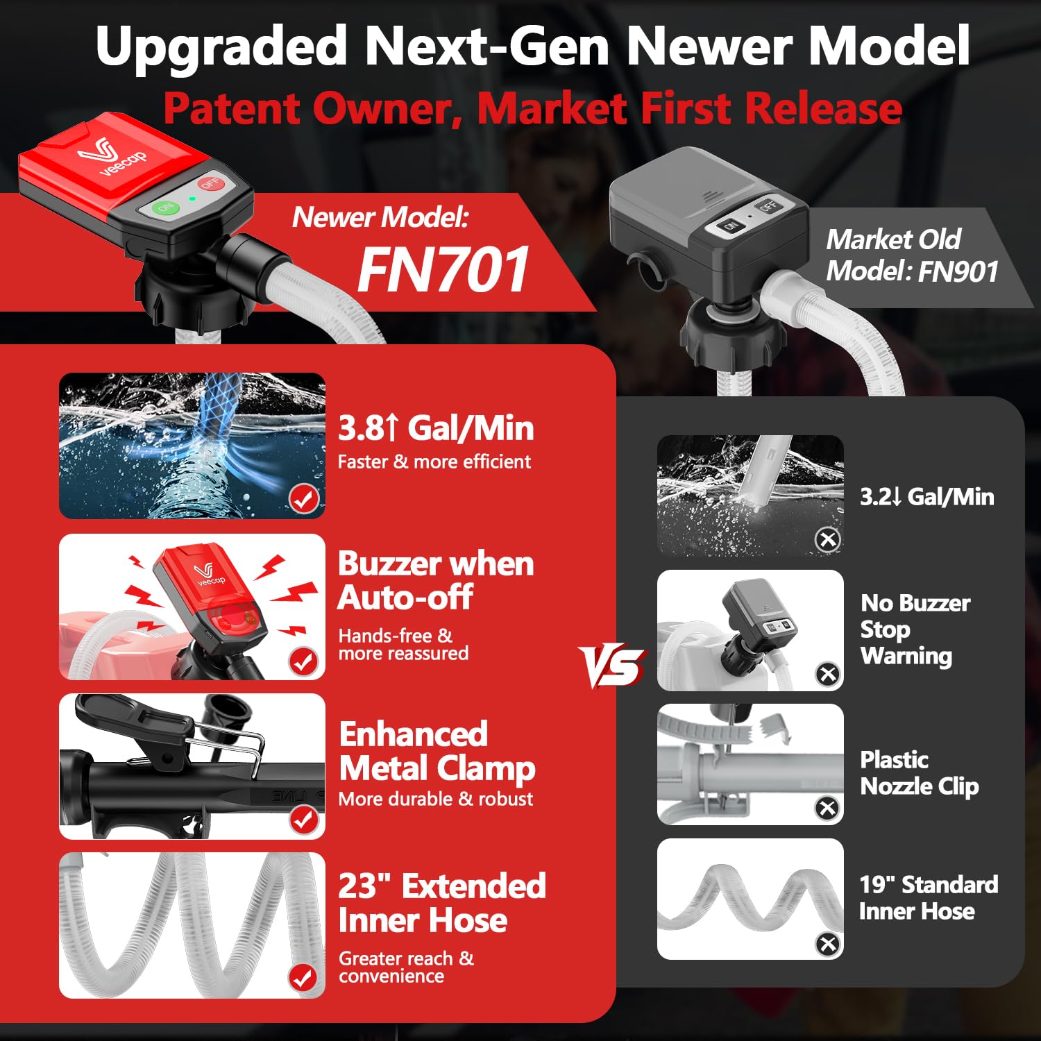 VEECAP Automatic Electric Fuel Transfer Pump with Auto-Stop, 3.8GPM & 51" Hose & 4 Size Adapters Gas Can Pump with Leak Protection for Gasoline, Diesel, Kerosene, Gifts for Men Dad Him - 2nd Gen Black