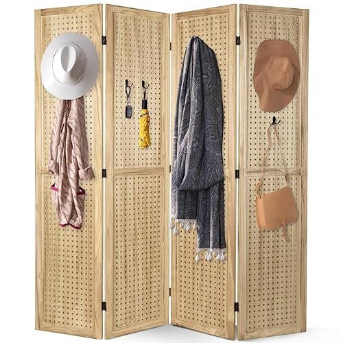 Vista 10 de Babion Pantalla de tablero de clavijas de 4 paneles, divisor de habitación, pantallas de privacidad plegables independientes, soporte de exhibición