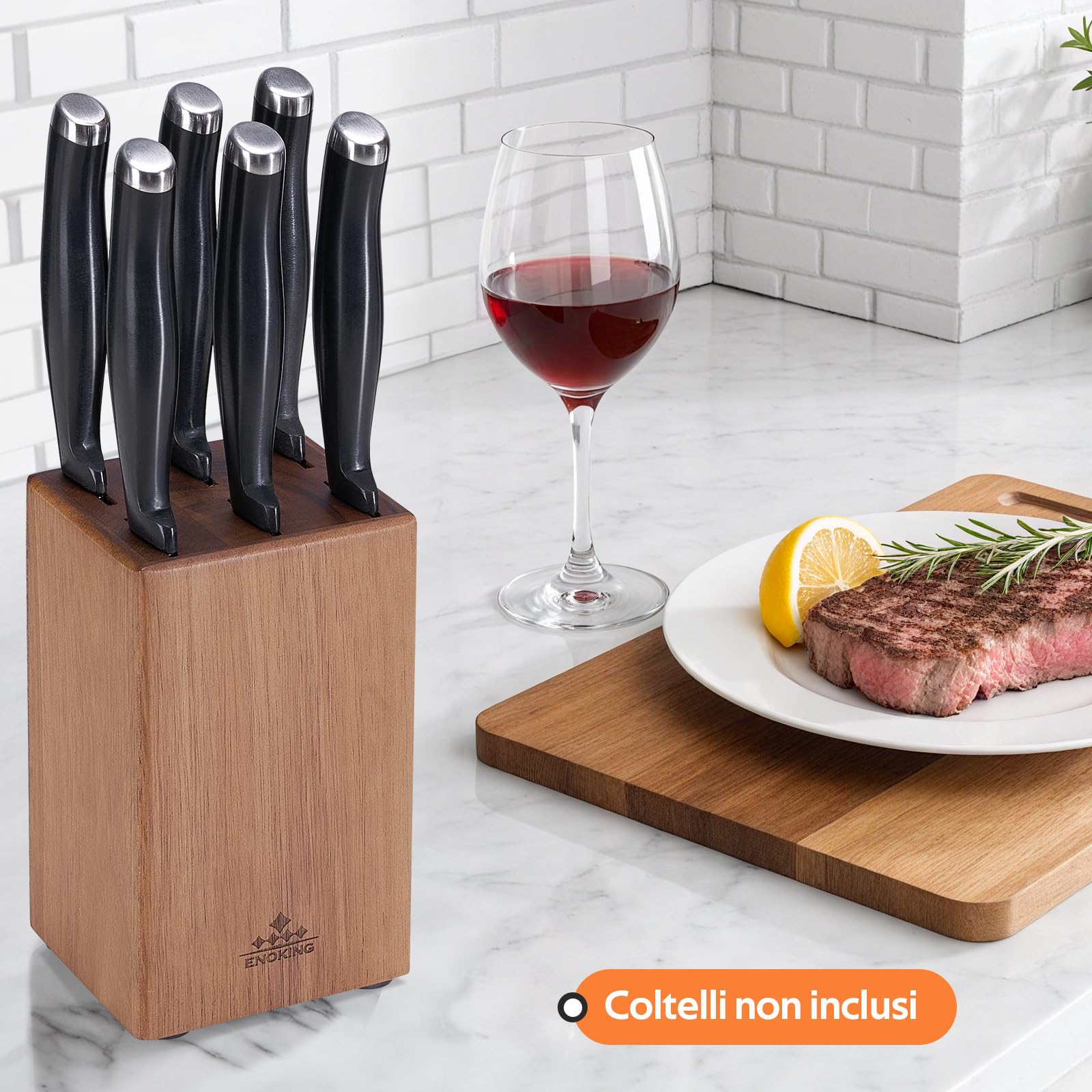 ENOKING Ceppo Coltelli da Cucina, Porta Coltelli Cucina da Bistecca a 6 Scomparti, Portacoltelli da Cucina in Legno di Acacia, Ceppo per Coltelli Bistecca Vuoto - Design Compatto e Salvaspazio