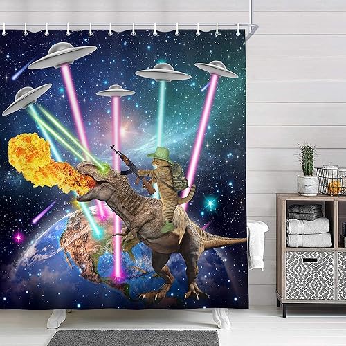 Miniatura 2 de Divertido juego de cortina de ducha para baño, diseño de gato lindo dinosaurio en el espacio exterior, universo, fantasía, galaxia, hilarante, tela