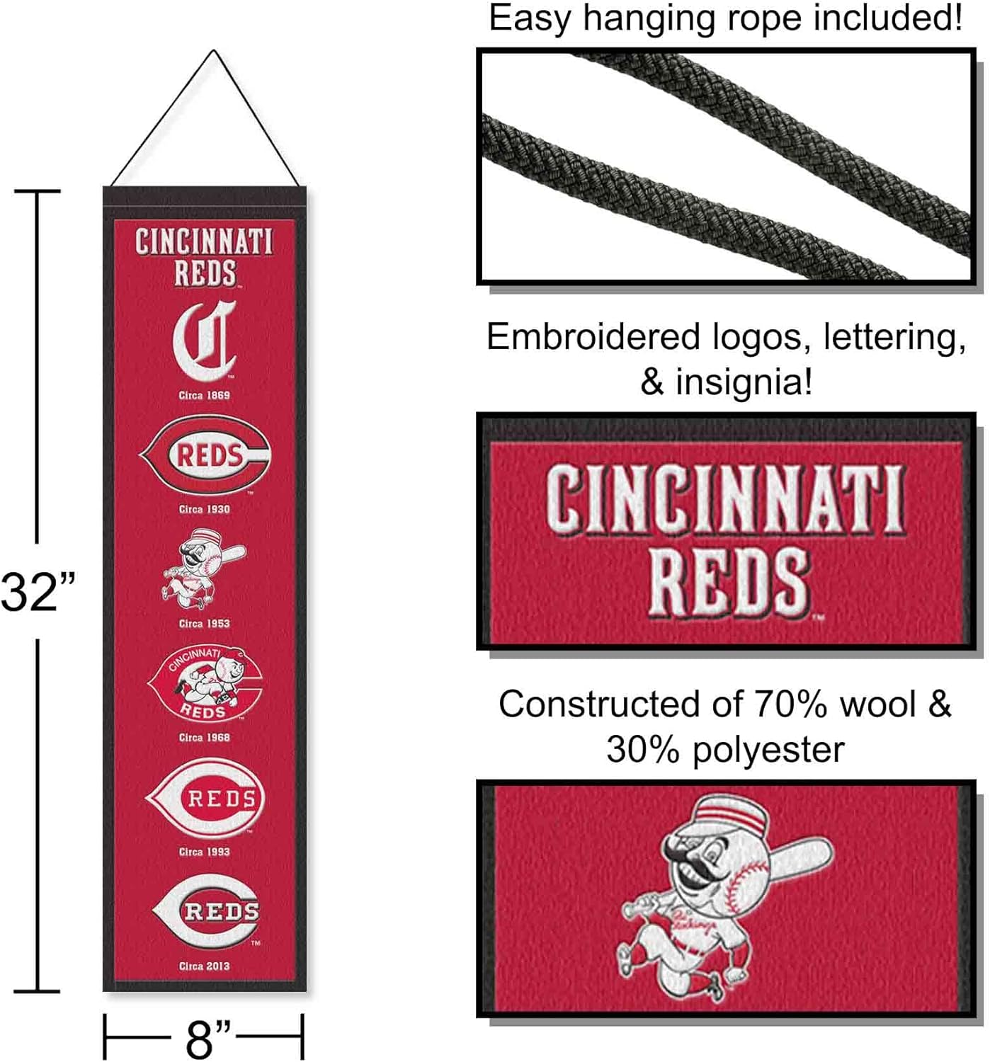 WinCraft Cincinnati Reds Evolution 8x32 Inch Vertical Wool Embroidered Hanging Banner