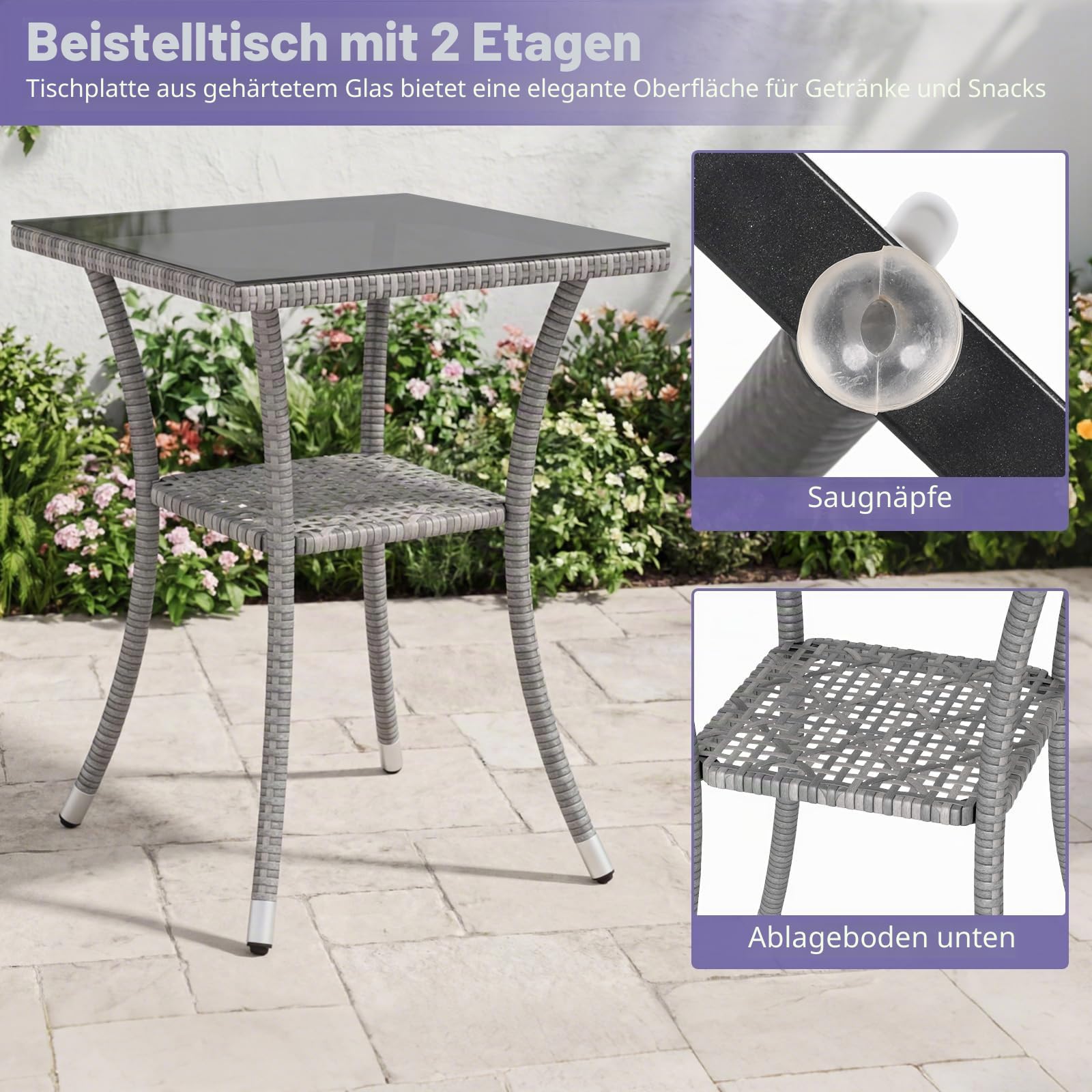 LIFEZEAL Gartenmöbel Set PE-Rattan, Balkonmöbel Set inkl. 2 Stühle mit Sitzkissen & Gartentisch, 3 TLG. Sitzgruppe für 2 Personen, Lounge Set für Balkon, Terrasse, Hof (Beige)