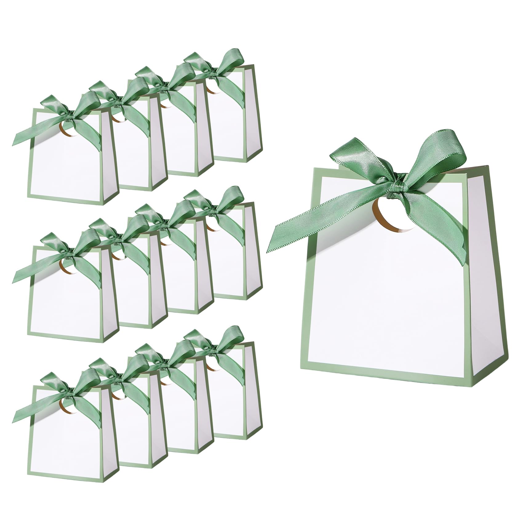 12Pcs Mini Gift Bags with Green Ribbons 12× 11× 6 cm Small White Gift Bags White Party Bags for Wedding Baby Shower Birthday