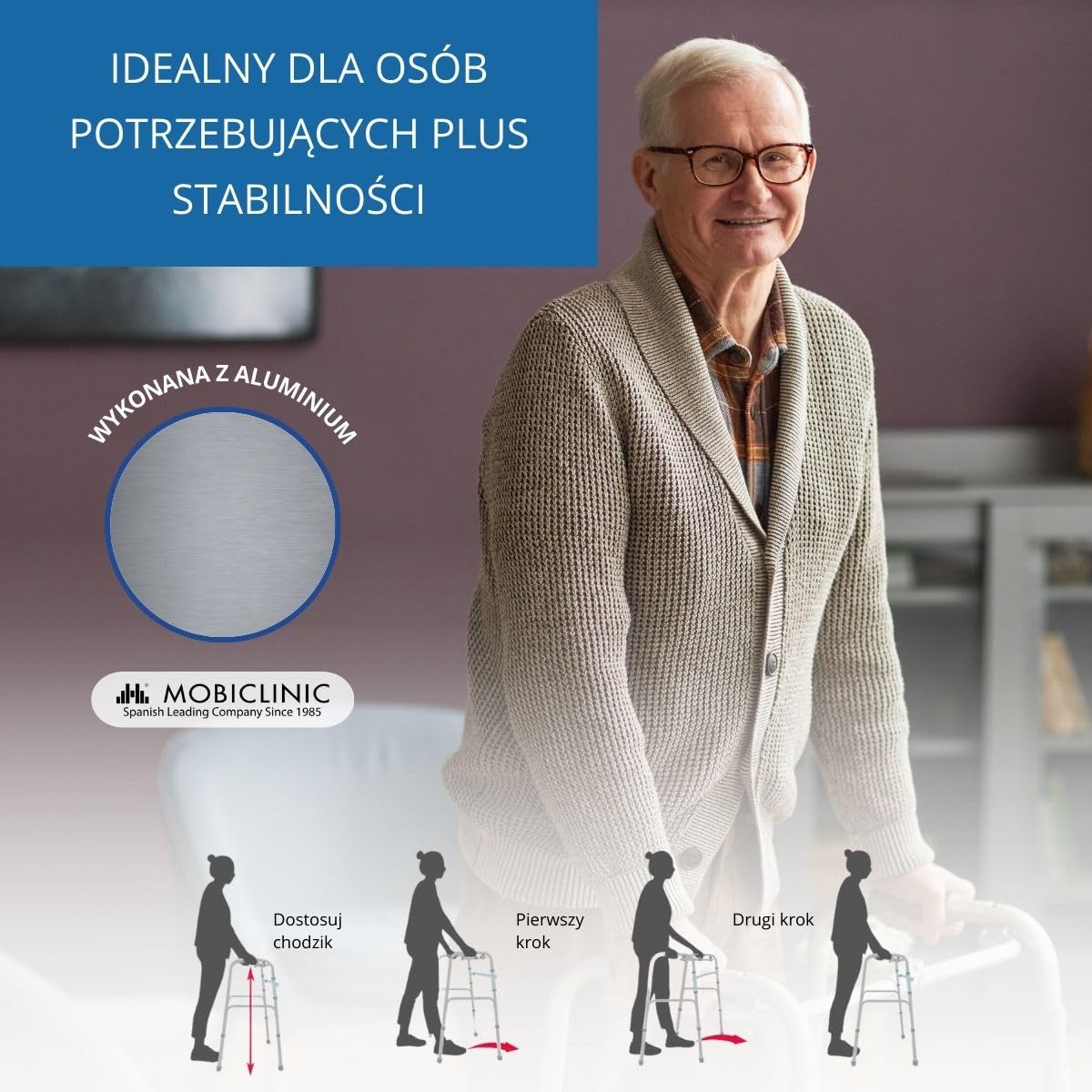Mobiclinic® Chodzik dla seniorów składany lekki aluminiowy antypoślizgowy szary