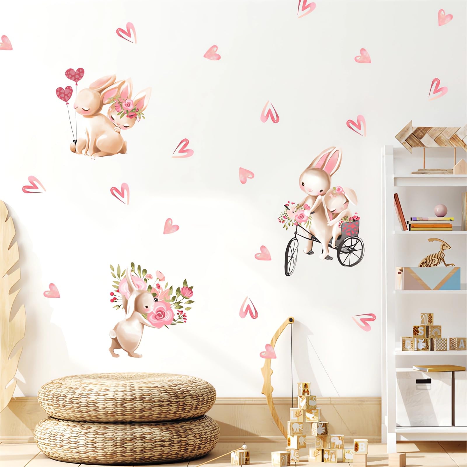 Cute Pink Bunny Love Pattern Wall Stickers, sacinora Little Rabbit Cartoon Animal DIY Wall Decals Removable Vinyl Peel and Stick for Kids Baby Girl
