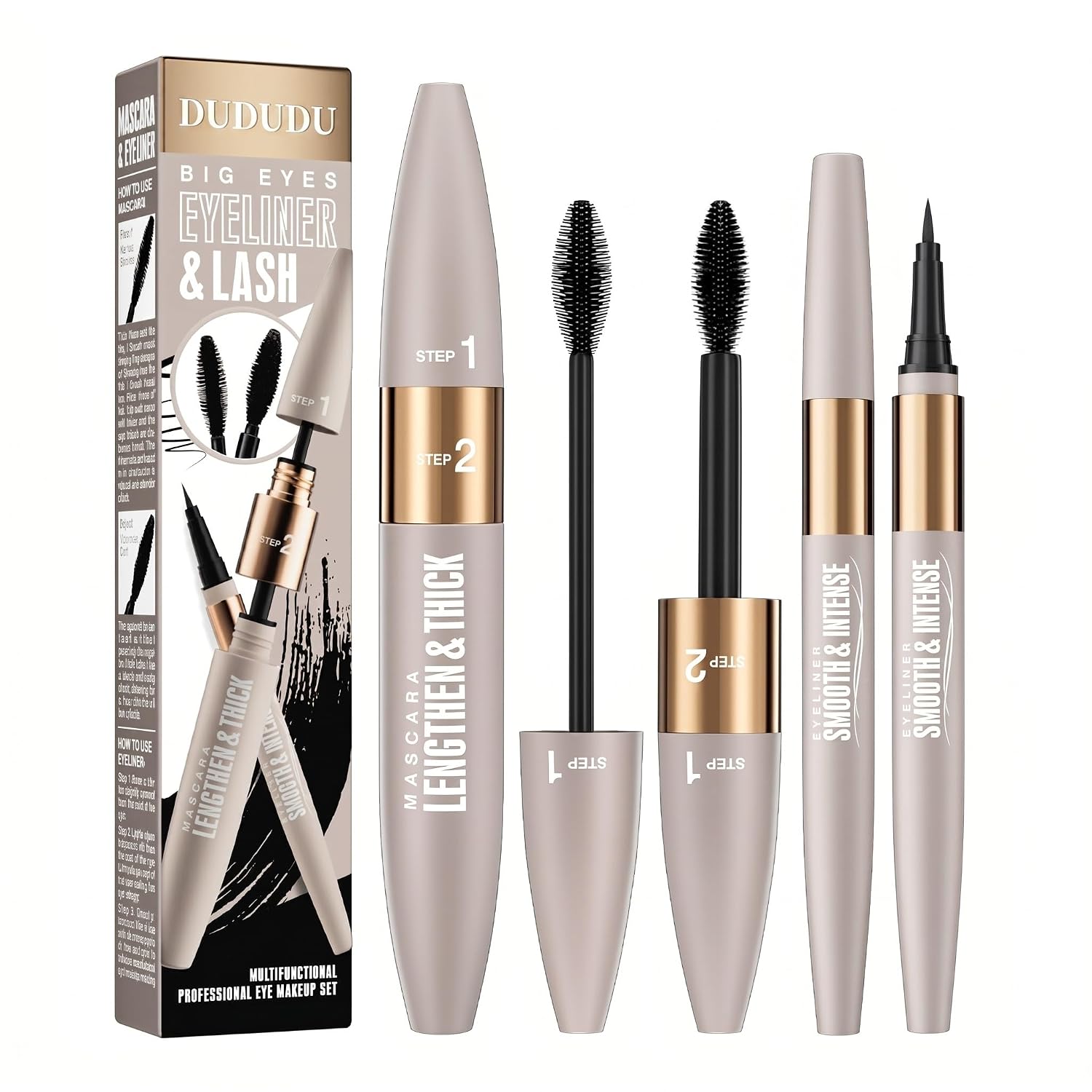 DUDUDU 2-in-1 Mascara and Eyeliner Set, Black Waterproof Volumizing and Lengthening Mascara, Ideal for Older Women 60 Plus & Sparse Lashes, 24HR Smudge-Proof Gentle Lash Extension Kit