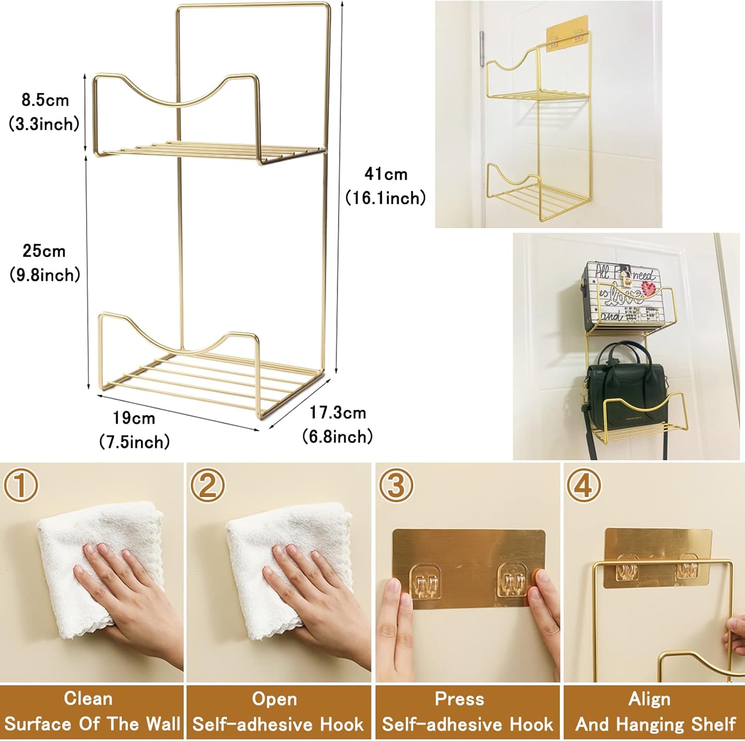 Wall Mount Handbag Purse Holder(Pack of 2 Golden), Metal Hanging Handbag Storage Tote Bag Organizer with 2 Large Heavy-Duty Shelves for Wardrobe Closet and Door, Space Saving