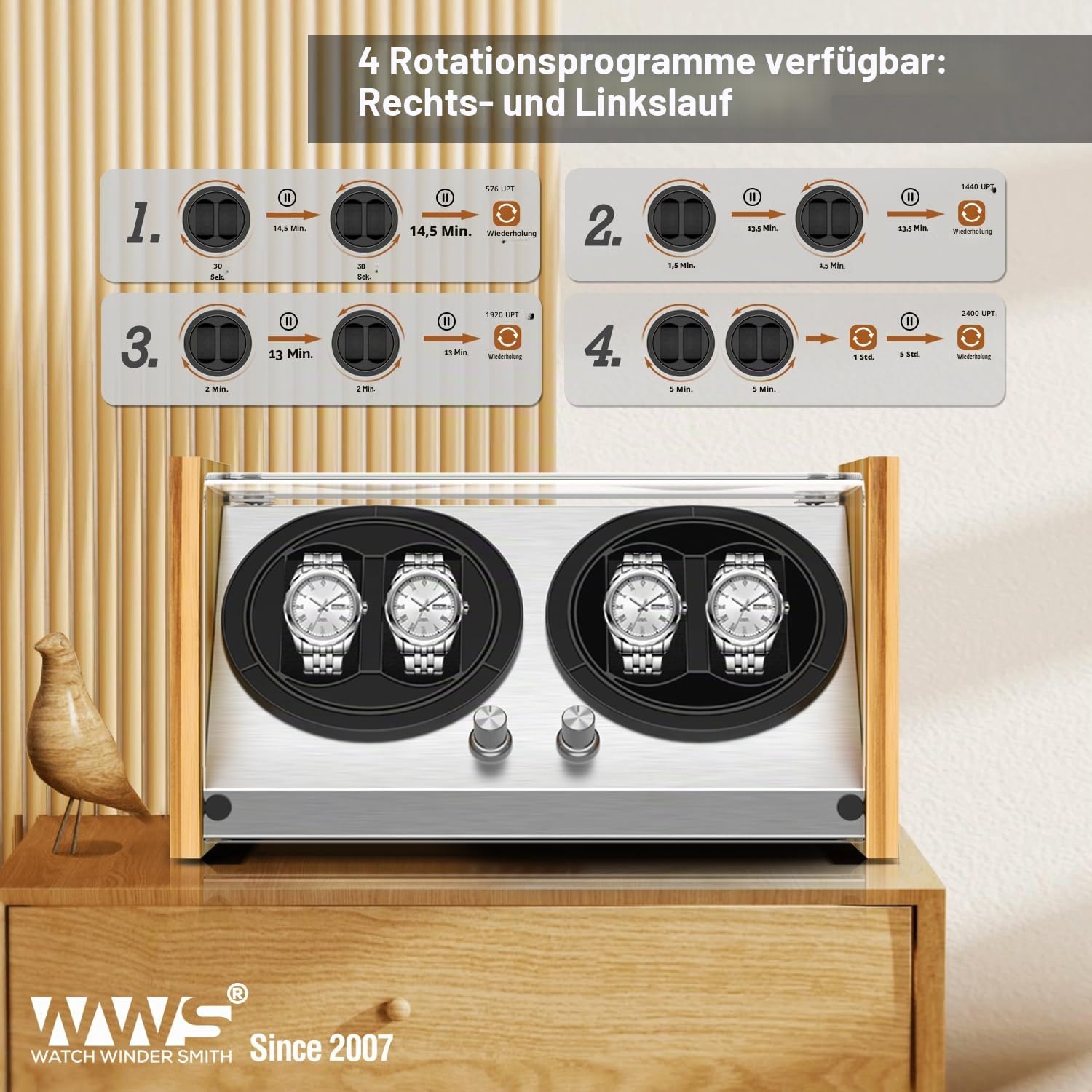 Watch Winder Smith Uhrenbeweger Box 4 für Automatikuhren, kompatibel, Handwerkskunst aus 100% Bambusholz, patentiertes Gehäuse, AC oder batteriebetrieben, super leiser japanischer Motor