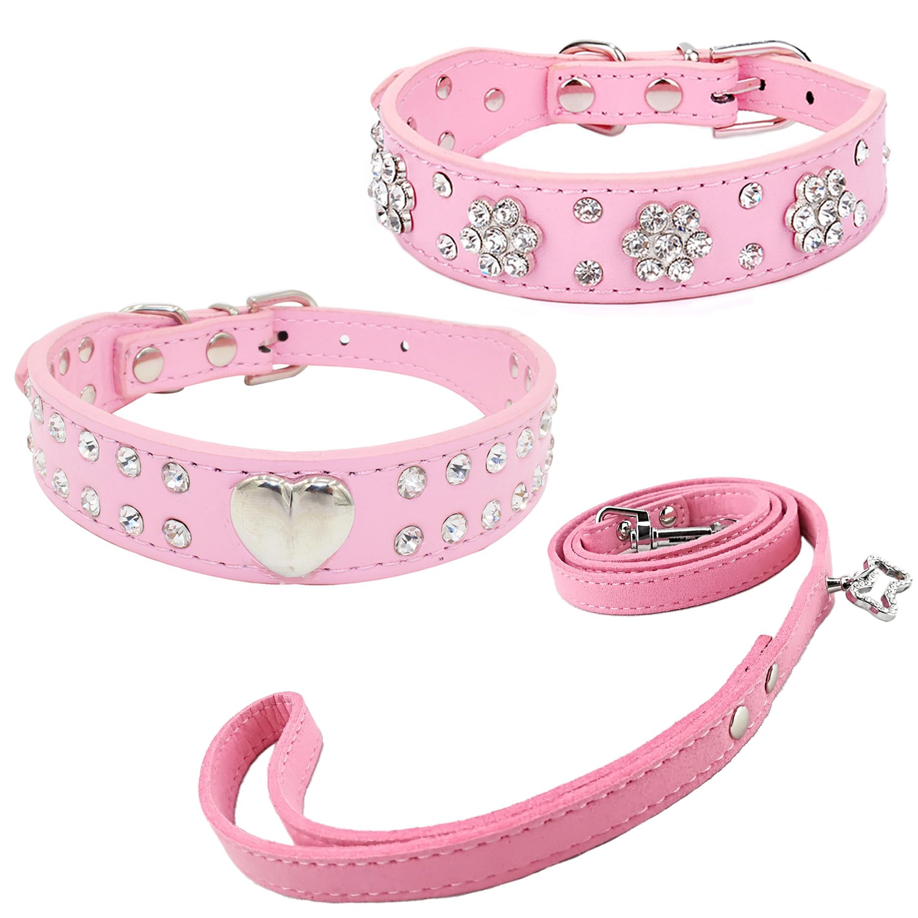 Juego de collar y correa para perro, 3 piezas, collar de perro con corazón de flores de diamantes con correa para perros pequeños, cachorros, paquete de 3 piezas (0369) - Rosa - XS