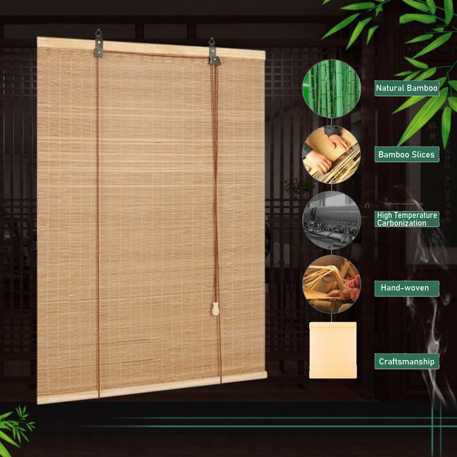 Store Enrouleur Rétro en Bambou,Store Venitien Bois,Rideau Occultant Fenetre,Protection Solaire,Tirage Latéral,pour Intérieur/Extérieur,Personnalisée,Largeur x Hauteur (110cm x 100cm)