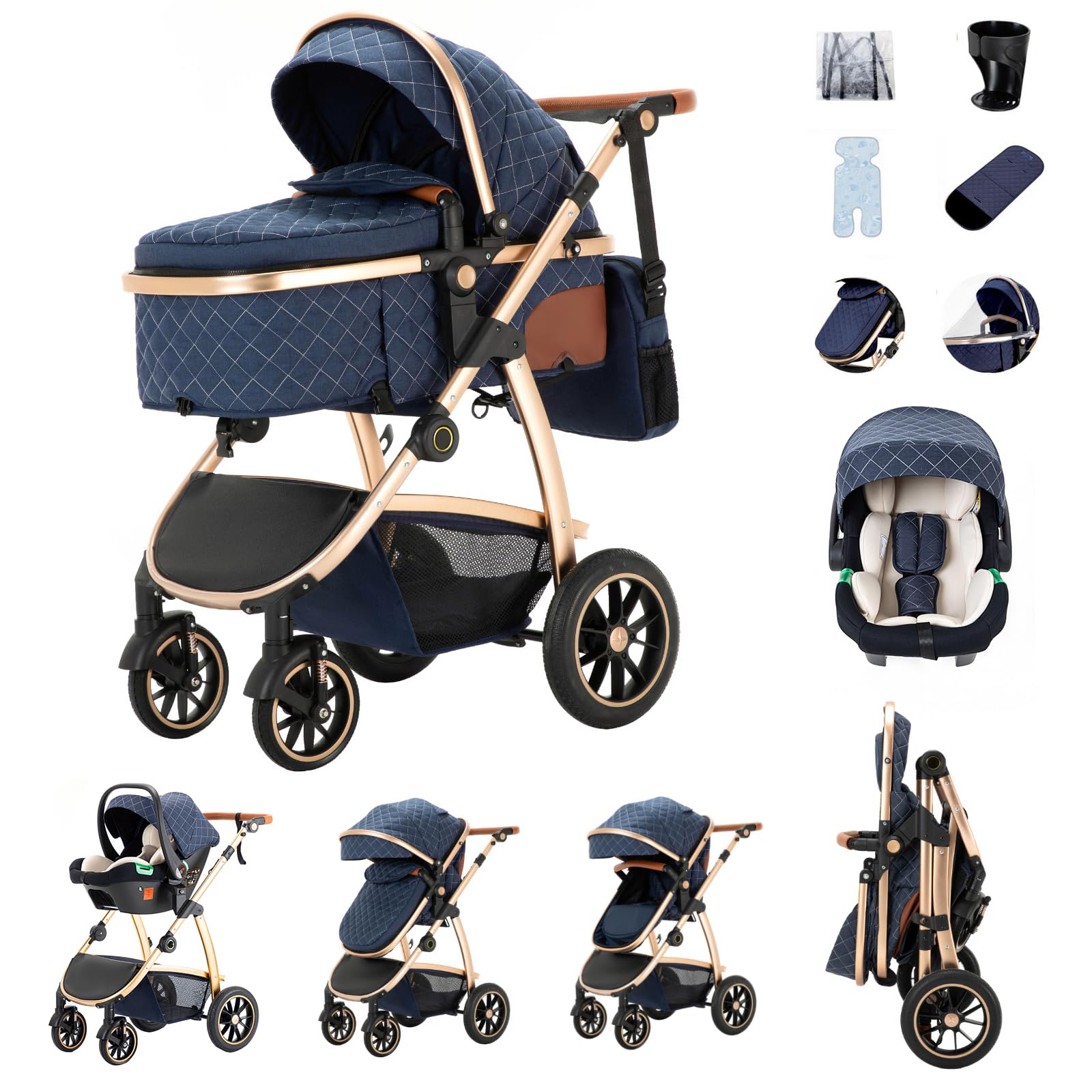 Zkiprm 3 in 1 Kinderwagen, Reisesystem, Buggy & Car sitz, Höhenverstellbare Armlehnen und Kinderwagen mit Aluminiumgestell/Moskitonetz/Baumwollmatte, für Neugeborene 0-4 Jahre