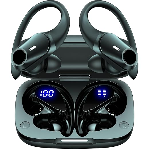 Golrex ear buds wireless earbuds bluetooth headphones 80h playback wireless charging case dual led display over-ear sports earphones with earhooks button control hi-fi audio for workout running black