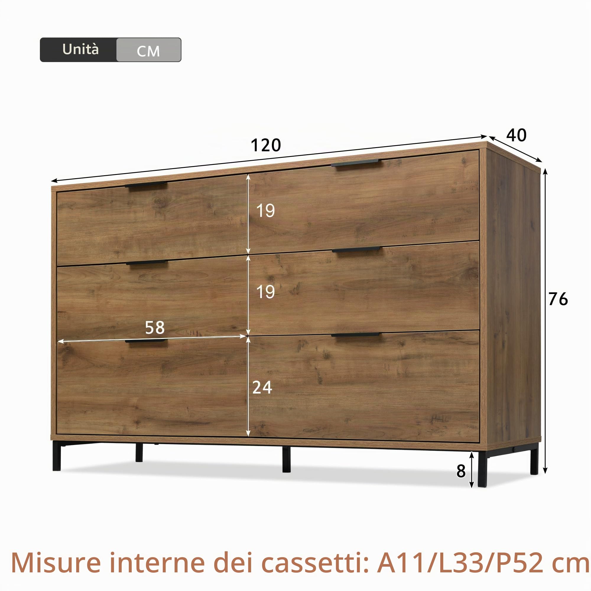 TIZZ Cassettiera con 6 cassetti, 120 x 40 x 76 cm, in rovere scuro, credenza per camera da letto e tutti gli spazi abitativi