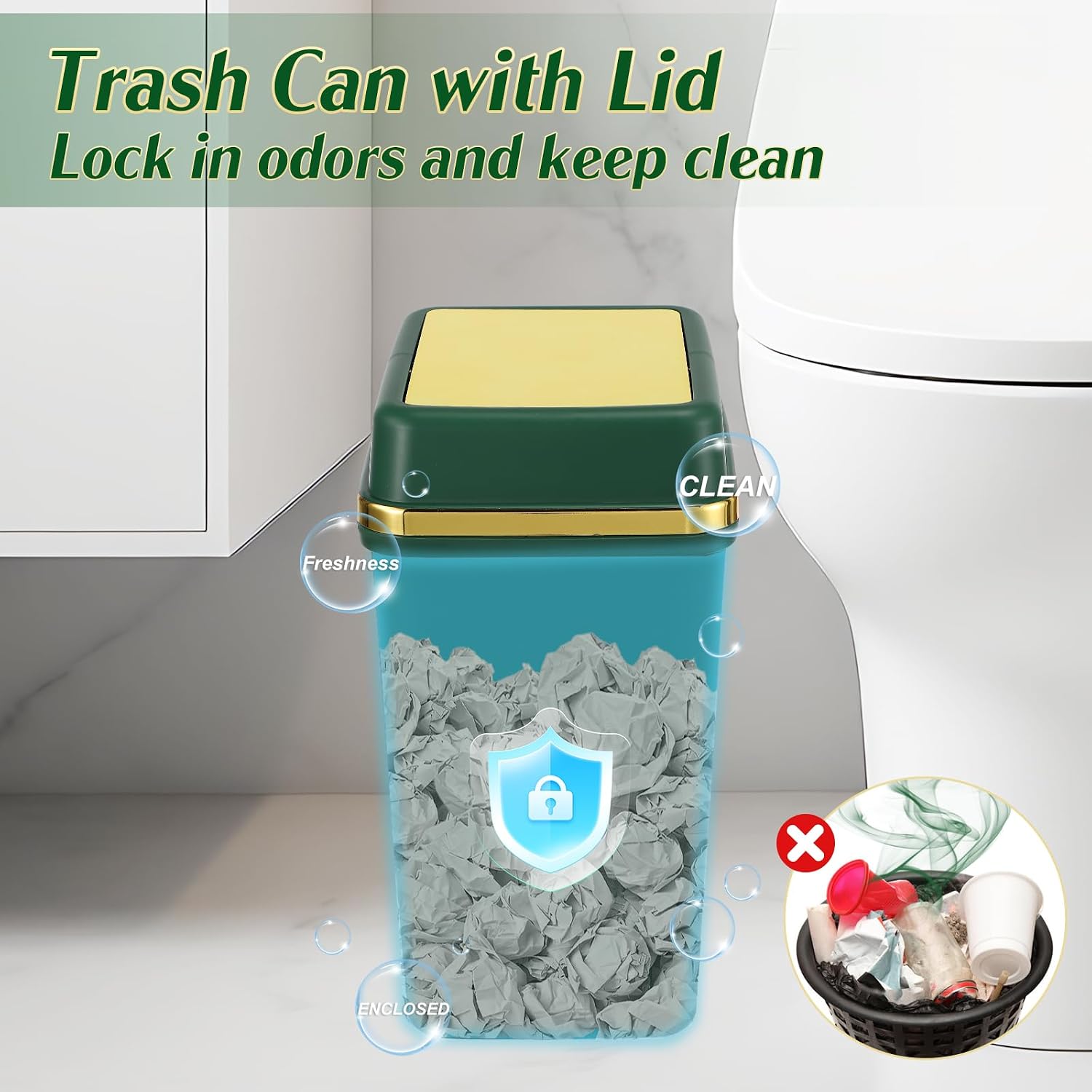 Bathroom Trash Can with Lid 4 Gallon Trash Can with Swing Lid Dark Green Small Garbage Can Bathroom Garbage Can with 150 Counts Trash Bags for Kitchen Bedroom Office