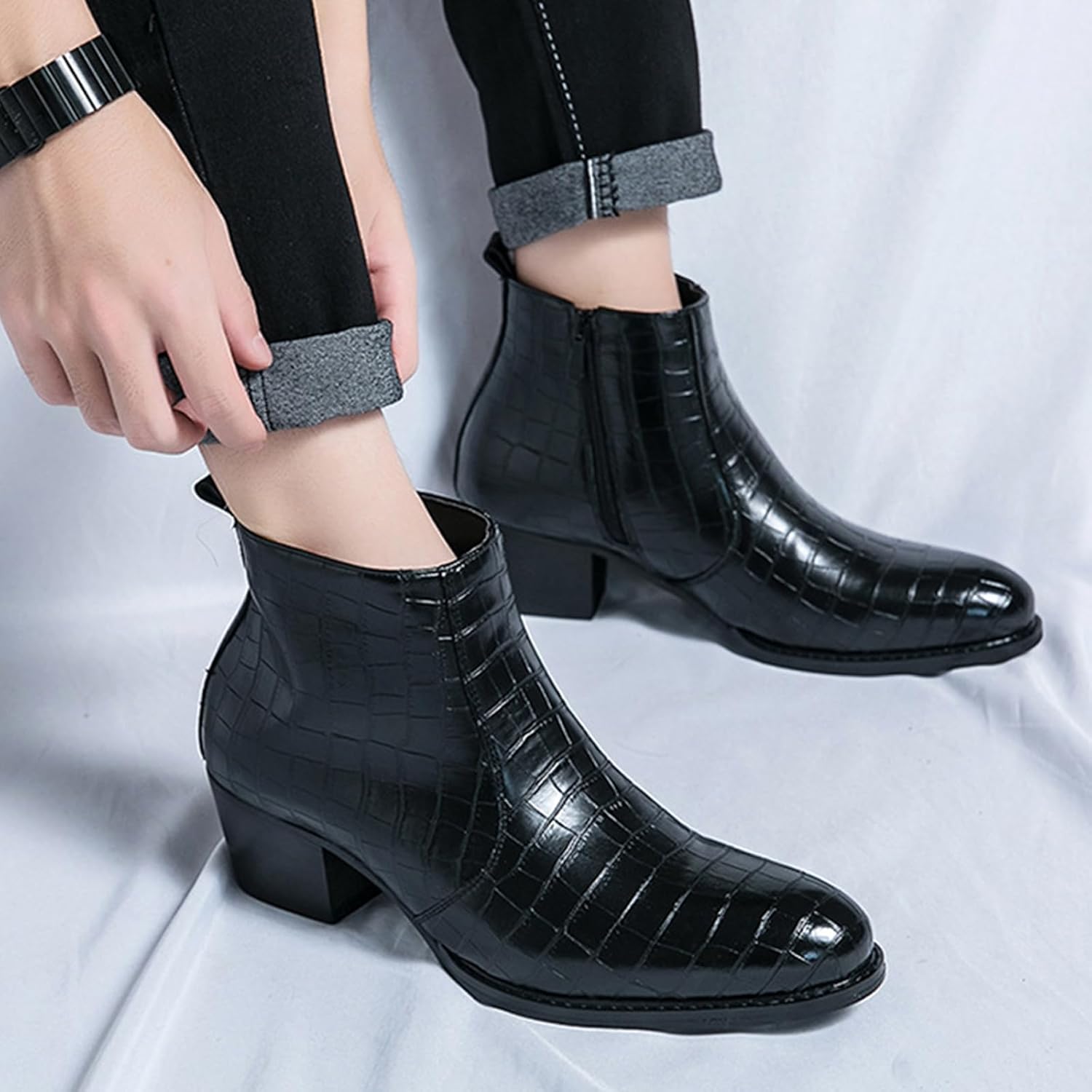 Men's Gradient Patent Leather Print Business Chelsea Boots with Side Zipper, Retro Pointed Toe Low Chunky Heel Non-Slip Formal Short Boots for Business Work Party Ankle Boots - Image 6