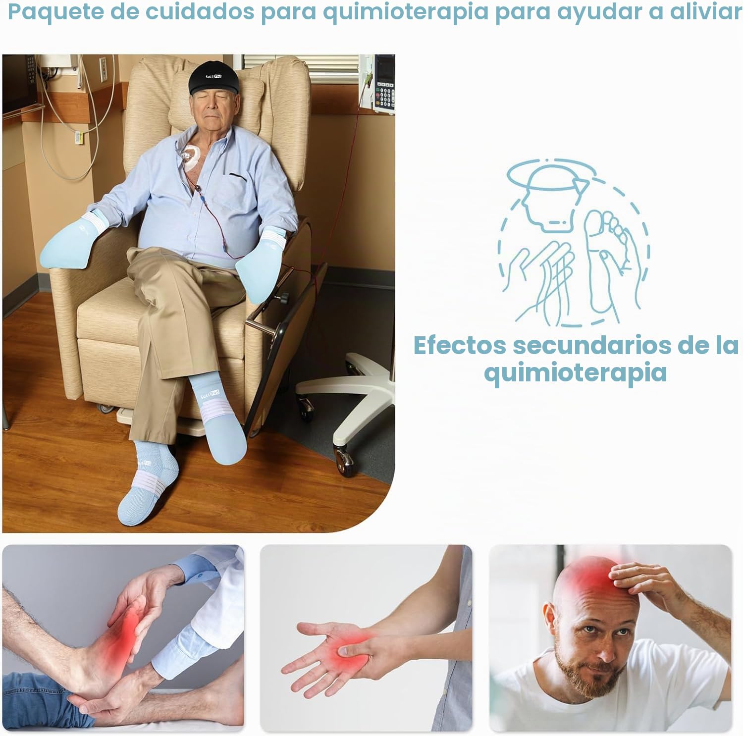 SuzziPad Kit de cuidado de quimioterapia, calcetines de terapia fría y guantes de frío para quimioterapia, neuropatía, gorra de alivio del dolor de cabeza de migraña, imprescindible para pacientes con