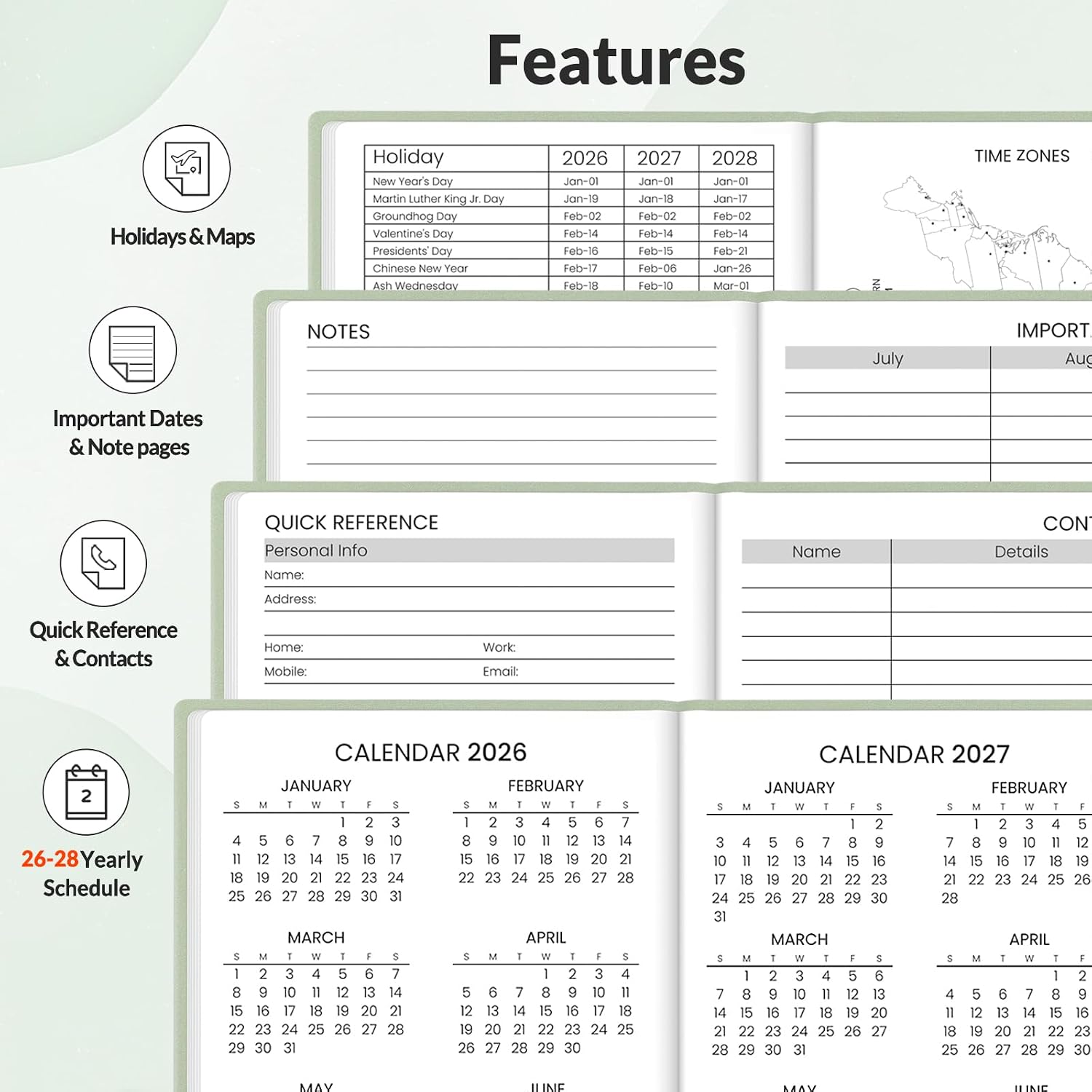 SUNEE 2026-2027 Pocket Weekly Planner for Purse 3.5" x 6" - 12 Month (July 2026 - June 2027) Academic Year Calendar, Pocket Size Planner, Hardcover, Note, 100 GSM Paper, Sage Green image 5
