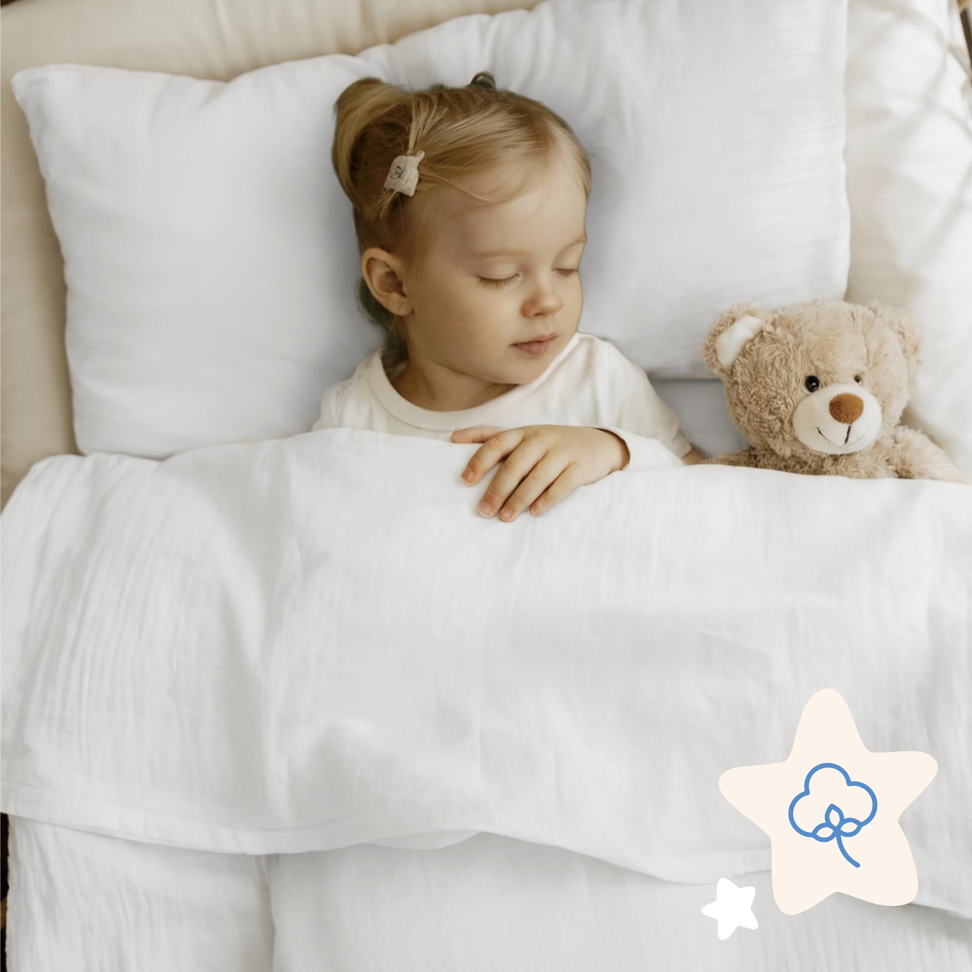 Dreamzie Funda nordica 135x200 cm con Funda de Almohada 80x80 cm – Ropa de Cuna en Muselina de algodón certificada Oeko-Tex – Color Blanco