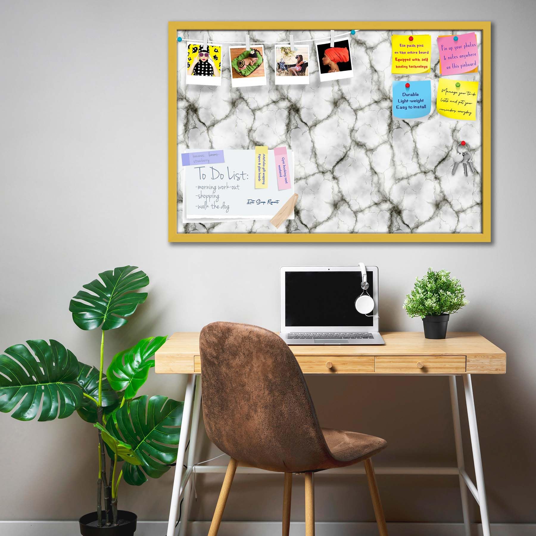 ArtzFolio Abstract Marble Art D3 | Bulletin Board Notice Pin Board | Vision Soft Board Combo with Thumb Push Pins & Sticky Notes | Golden Frame | 24 x 16 inch (61 x 41 cms)