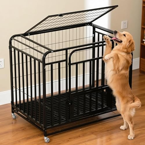 42 inch Escape-Proof Large Dog Kennel - Double Door Metal Dog Cage with Wheels, Foldable, Sturdy Dog Crate with Anti-Escape Locks, Removable Tray,