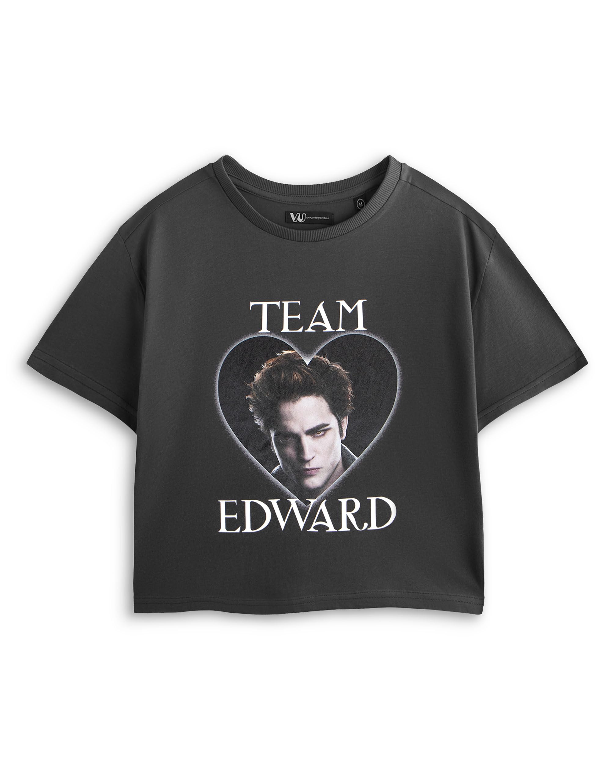 Vanilla Underground Women's Team Edward Crop Twilight Team Edward Charcoal Cropped Short Sleeve T-Shirt | Graphic Tee | Classic Film Merchandise Fan Apparel | Twilight Saga Fashion Top - X-Large