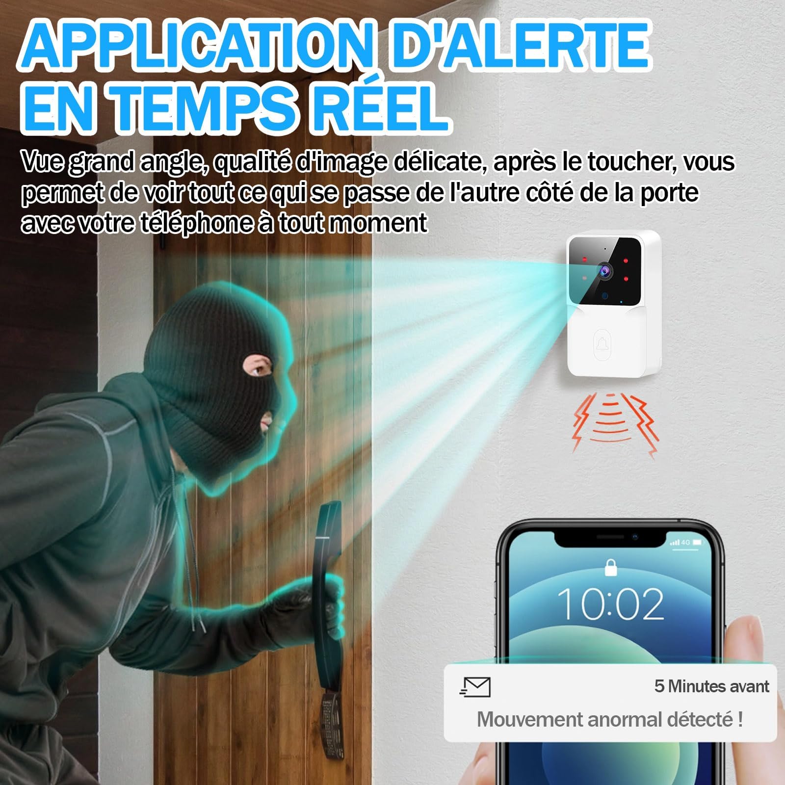 Générique Sonnette sans Fil avec Caméra 1080P HD, Sonnette Vidéo Extérieure Étanche IP, Surveillance avec Vision Nocturne, Sonnette de Sécurité Intelligente pour Maison
