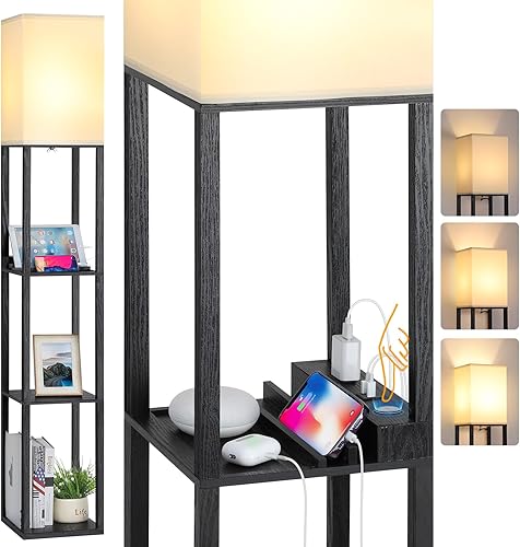 FOLKSMATE Lámpara de pie LED con puertos de carga USB, puerto tipo C y toma de corriente, control táctil regulable de 3 vías, lámparas de pie