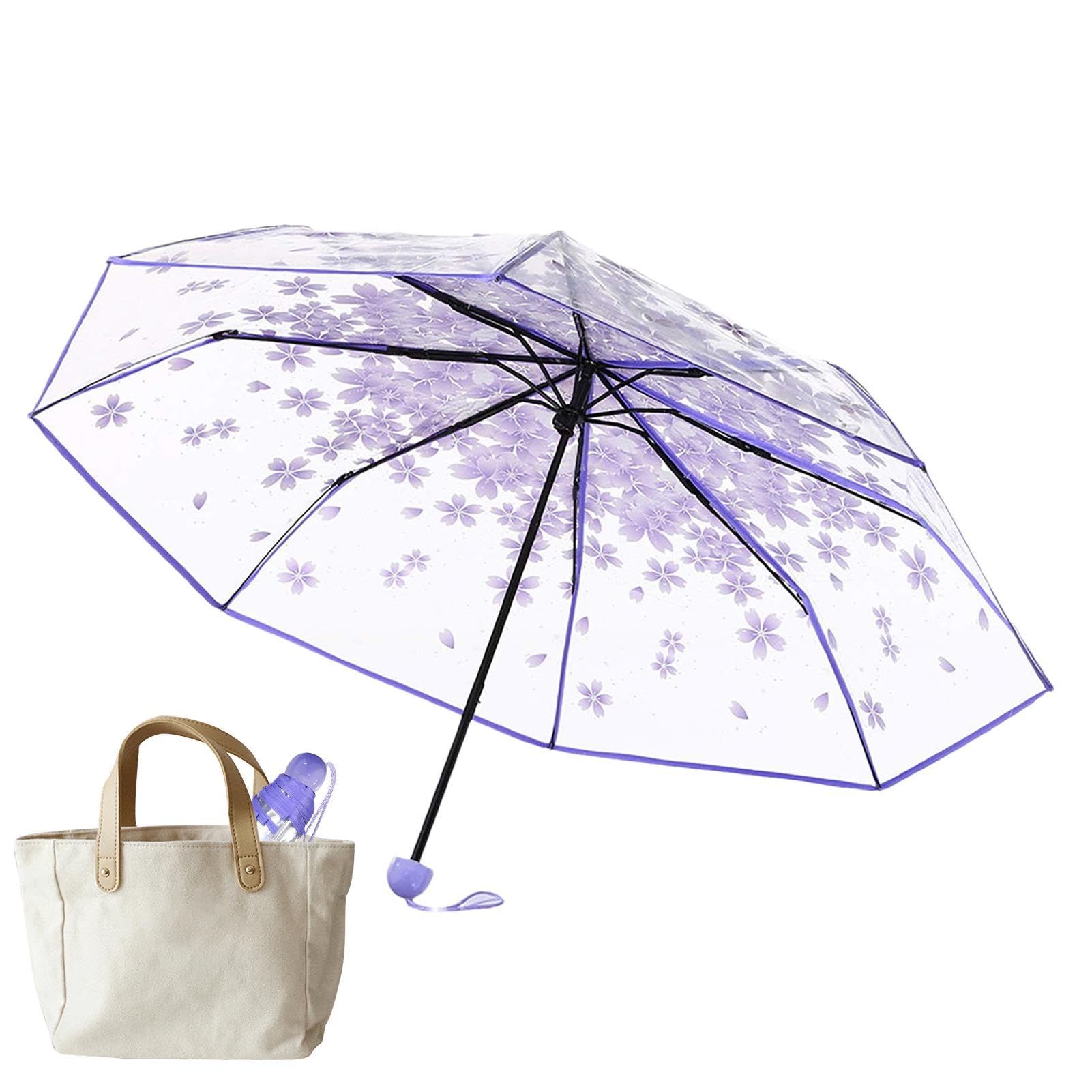 Lyricalist Girls Purple Chery Blosom Clear Umbrella - Folding Transparent Umbrella, High Transparency For Stylish Rain Umbrella | Lightweight Umbrella For Women And Teens, Compact And Easy To Carry