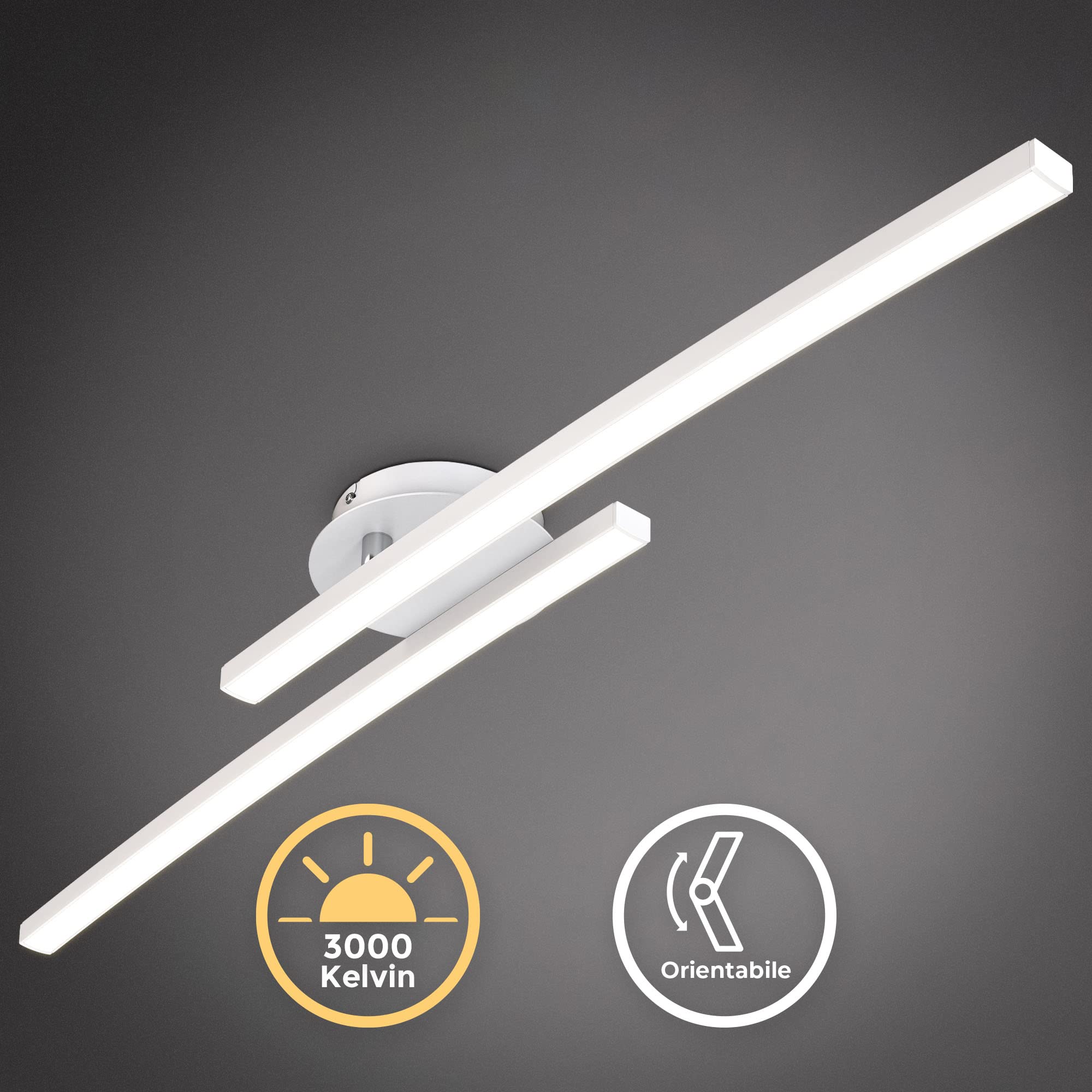 B.K.Licht Plafoniera LED soffitto moderna, L. 57.5cm, luce calda 3000K, 1100Lm, 12W, Lampadario, braccio ruotabile per Camera da letto soggiorno cucina, applique da parete interno