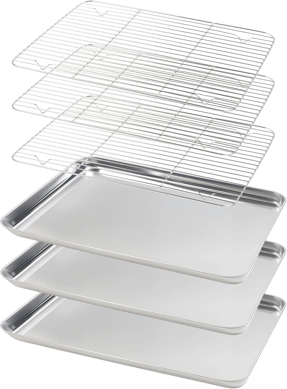 Teglia da forno in acciaio inox con set di griglie (3 fogli + 3 griglie), materiale sicuro per alimenti, per cuocere, grigliare, raffreddare, scolare, facile da pulire e lunga durata (31,5 x 24,5 x