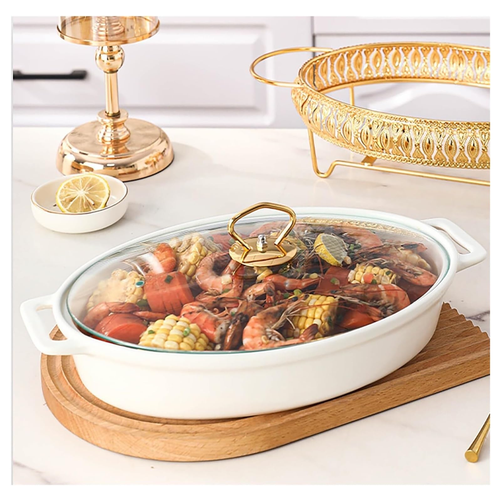 Scaldavivande in ceramica for set scaldavivande in ceramica Cucina a buffet | Rinforzo con finitura in marmo ceramico con coperchio in vetro, rinforzo e set scalda buffet(A13)