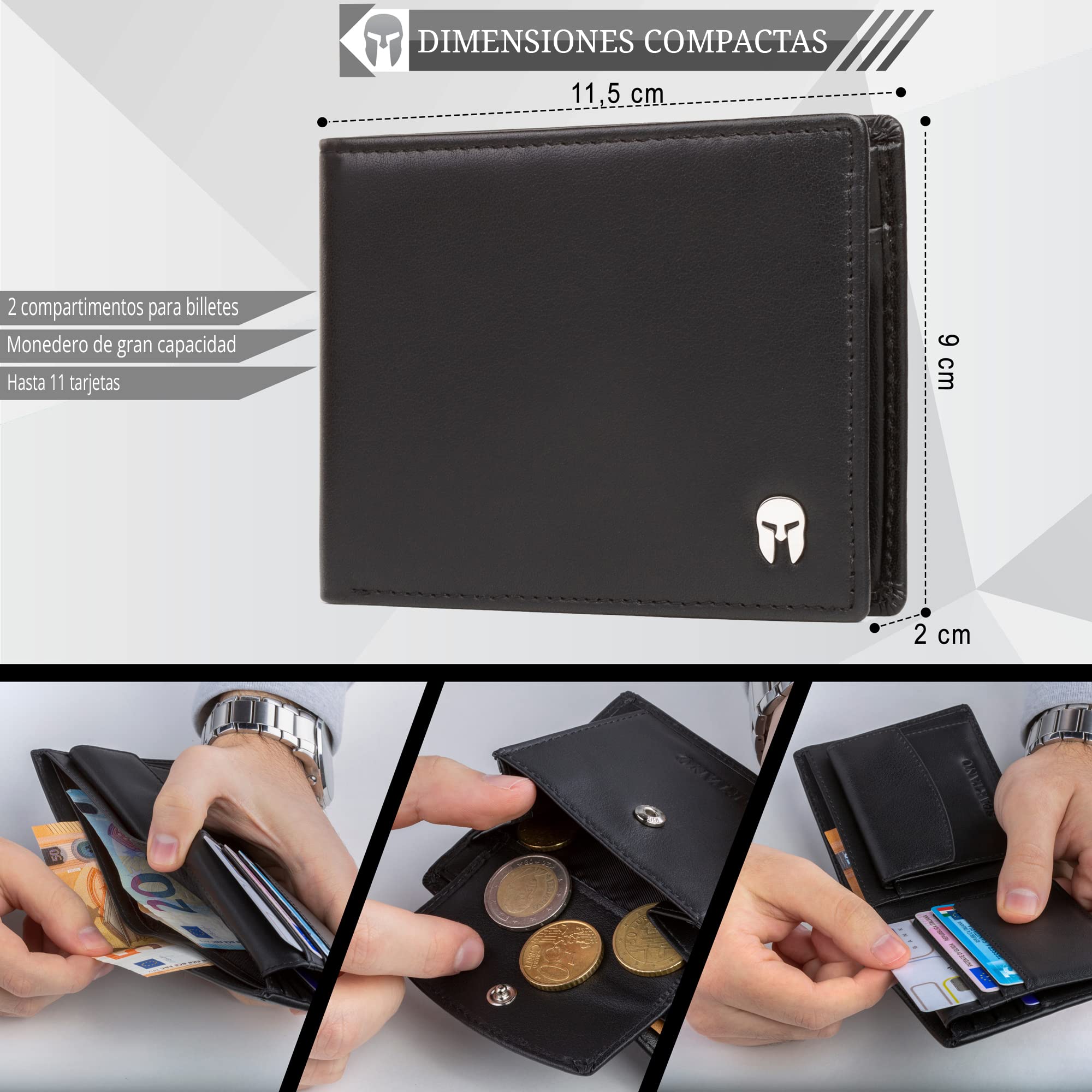 SPARTANO Carteras para Hombre con protección RFID, 11 Ranuras para Tarjetas de crédito, 1 Bolsillo para Monedas, 2 Compartimentos para Billetes, 3 Bolsillos internos - Zeus (Negro)