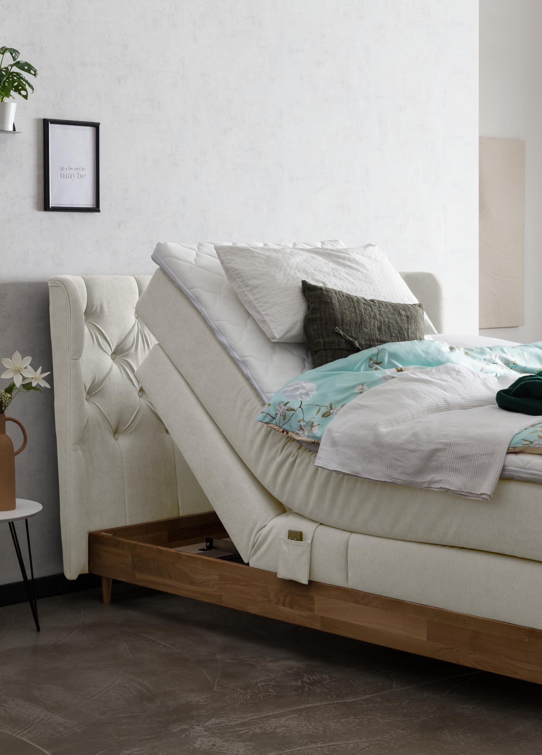 Belanoti EON Boxspringbett 180x200 elektrisch verstellbar 7-Zonen Taschenfederkern Matratze inkl Visco Topper Bett 180x200 mit Motor in der Farbe Beige H2/H3 Polsterbett Motorbett Massivholz Eiche
