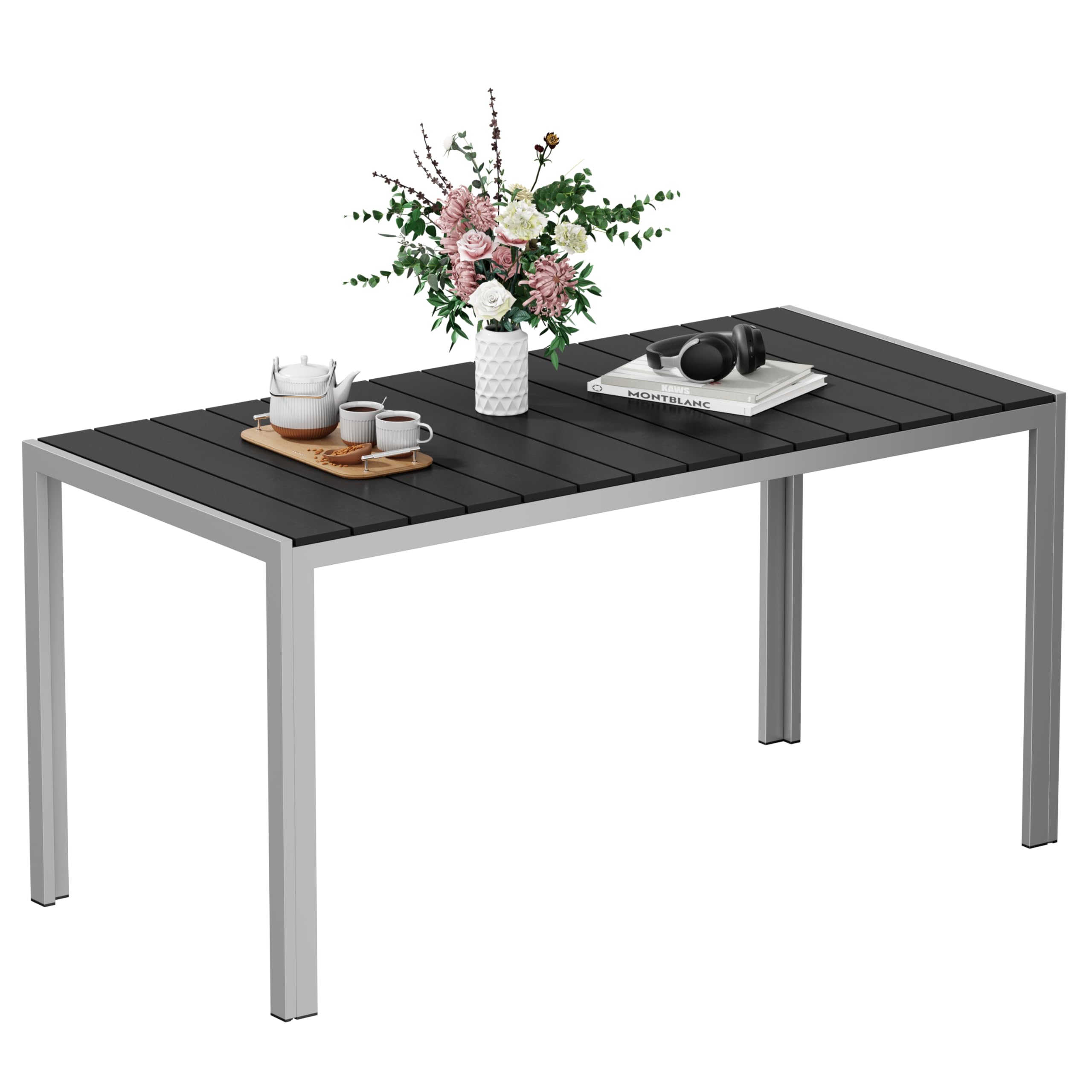 Amopatio Gartentisch Wetterfest 150×80 cm, WPC Balkontisch Aluminium, Rechteckiger Terrassentisch UV-beständig Gartenmöbel für Garten & Outdoor, Moderner Esstisch Grau-Grau