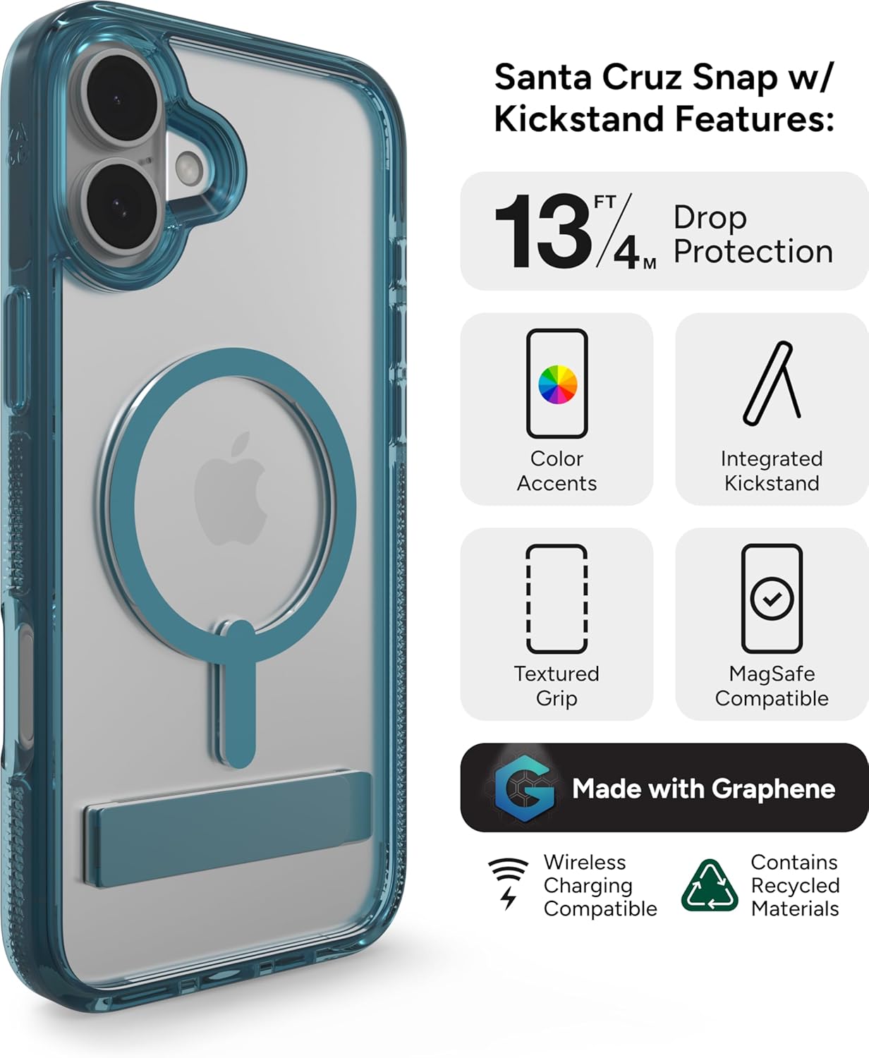 ZAGG Santa Cruz Snap with Kickstand Case for iPhone 16 Plus – MagSafe Compatible, 13ft Military-Grade Drop Protection, Reinforced with Graphene, Slim Clear Case with Vibrant Color Accents, Retro Blue - Image 3