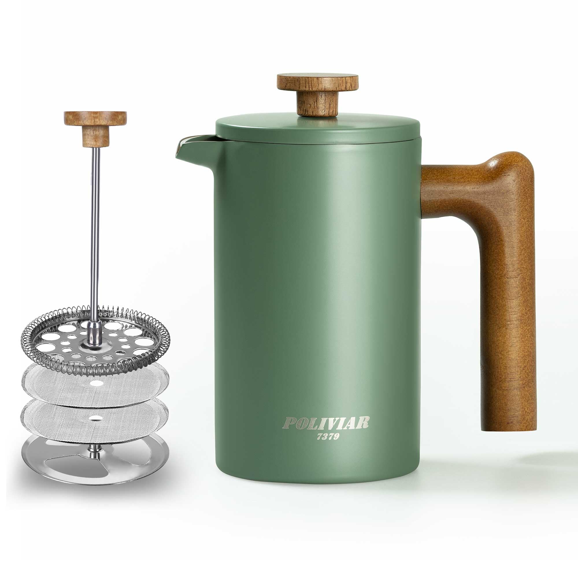 POLIVIAR 600ml Double Wall 304 Stainless Steel Cafetière, Insulated French Press Coffee Plunger with Real Wood Handle