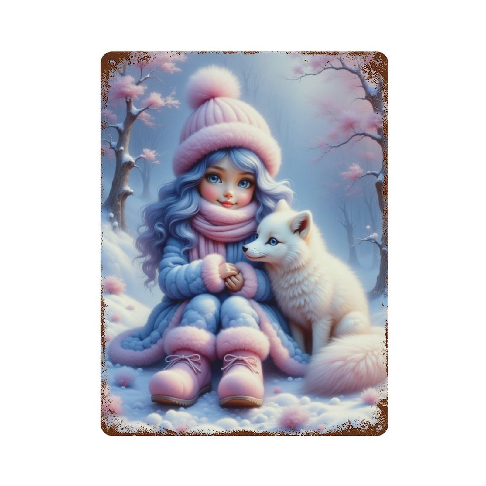 Rust Effect Winter Wonderland with Fox Aged Metal Wall Plaque 15.7"x11.8", Classic Wall Plaque for Basement, Hobby Room And Garage Decor