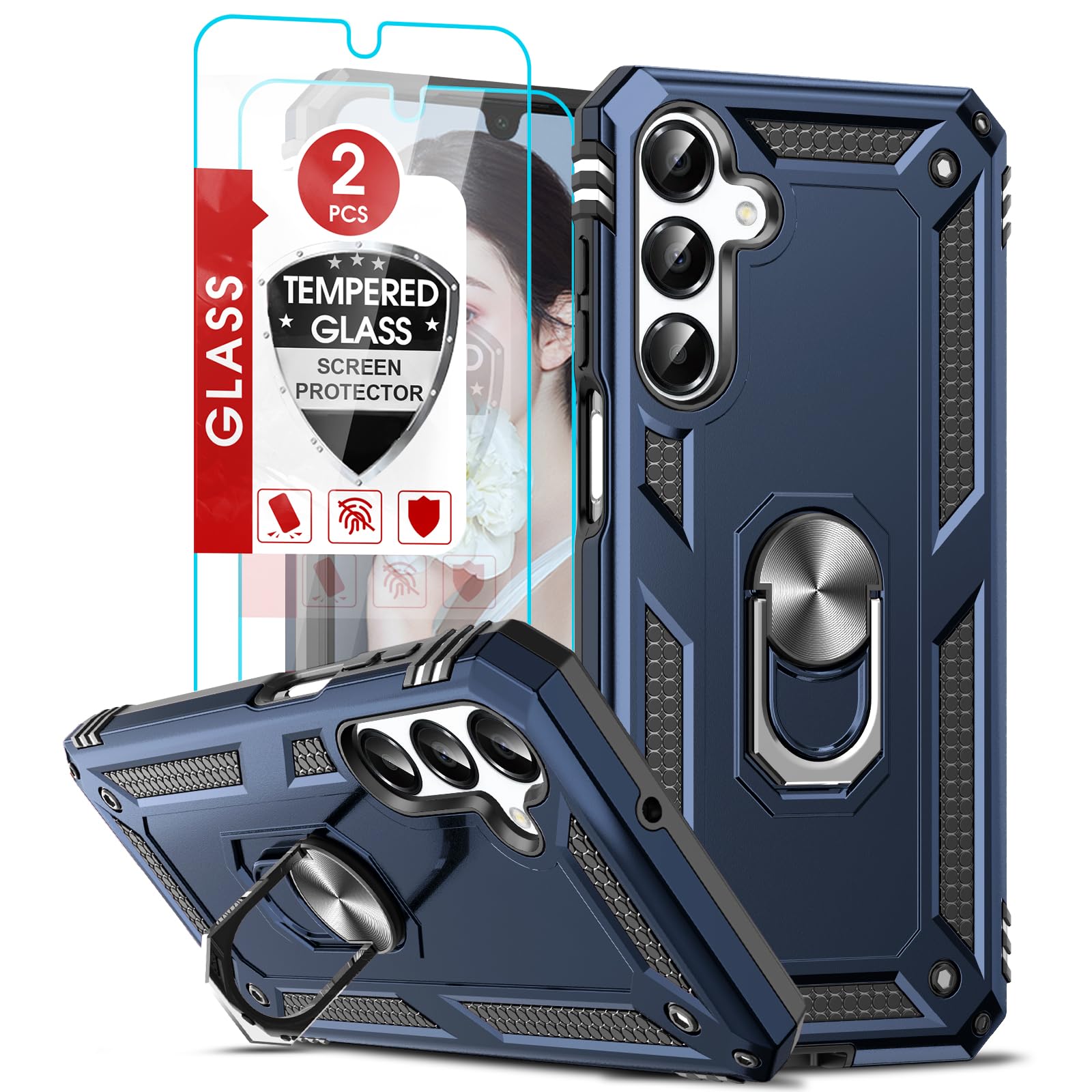 LeYi for Samsung A16-Case: with 2 PCS Screen Protector, Magnetic Car Mount, Ring Kickstand, Heavy Duty Military Phone Case/Cover/Coque/Etui for Samsung Galaxy A16 5G/ A 16/ A16 Samsung, Blue