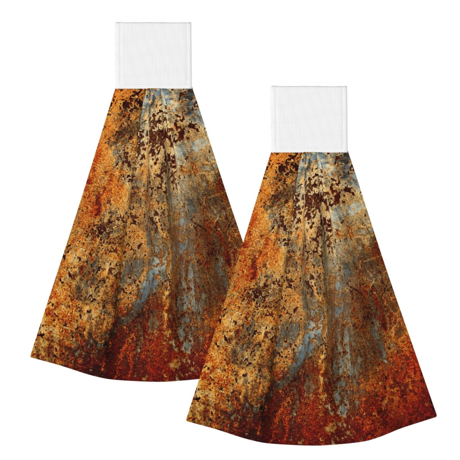DOPKLNA Modern Abstract Splashed Ink Gold Foil Rust, 2 Pcs Hanging Coral Fiber Hand Towels for Bathroom, Absorbent Kitchen Towels