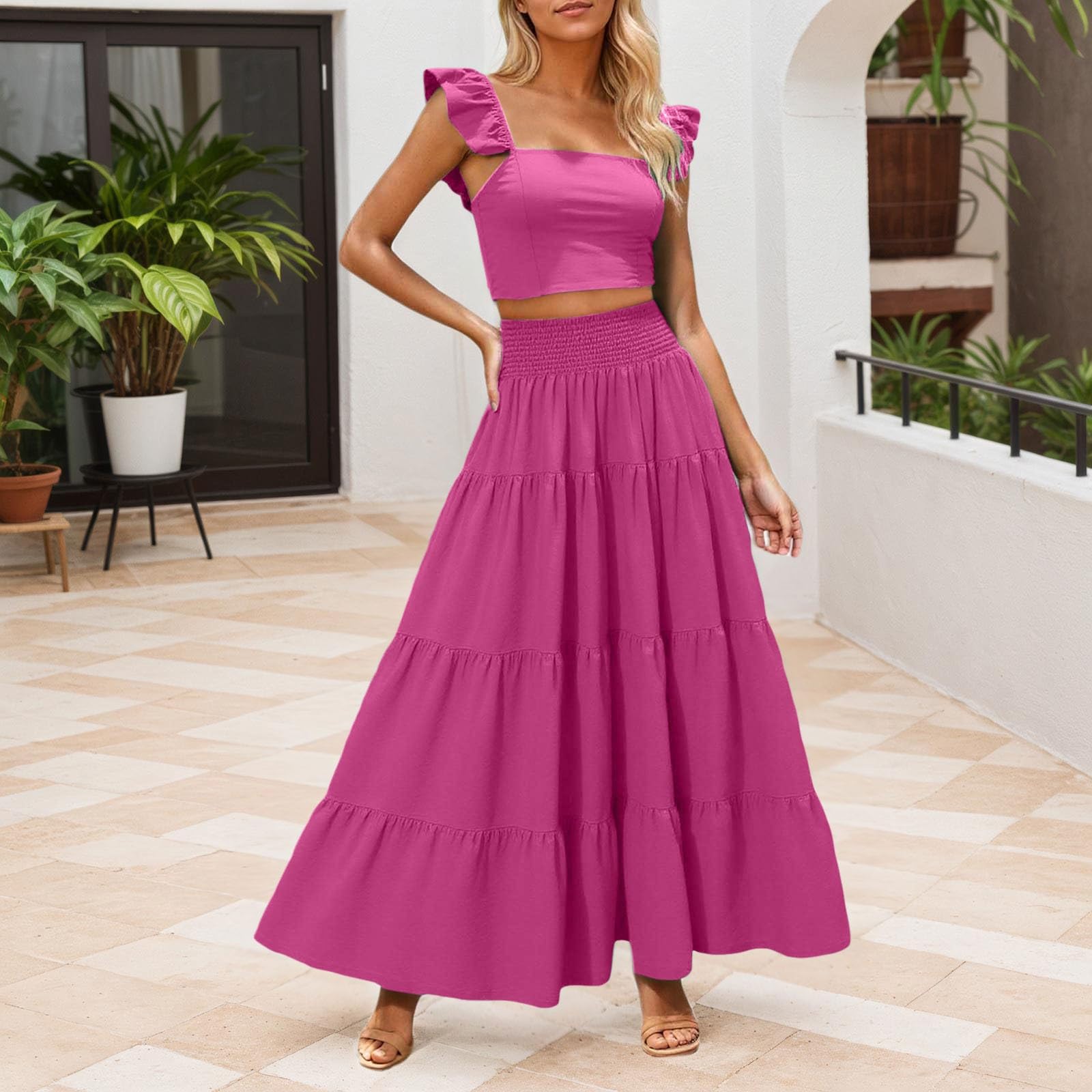 2 Piece Dress Sets for Women Summer Sexy Solid Tops and Elasticated Waist Long Skirts Comfortable Casual Dress