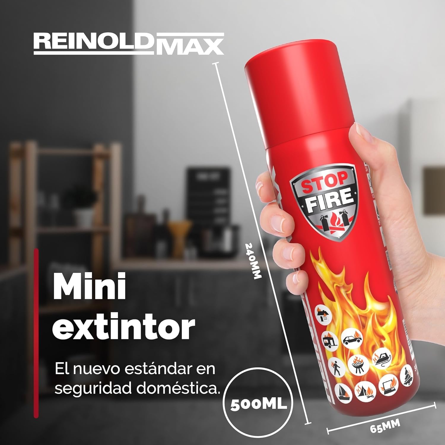 2X Pequeño Extintor para Casa | Mini Extintor Aerosol Todo en Uno para Cocina, Camping, Autocaravana, y Chimenea de ReinoldMax