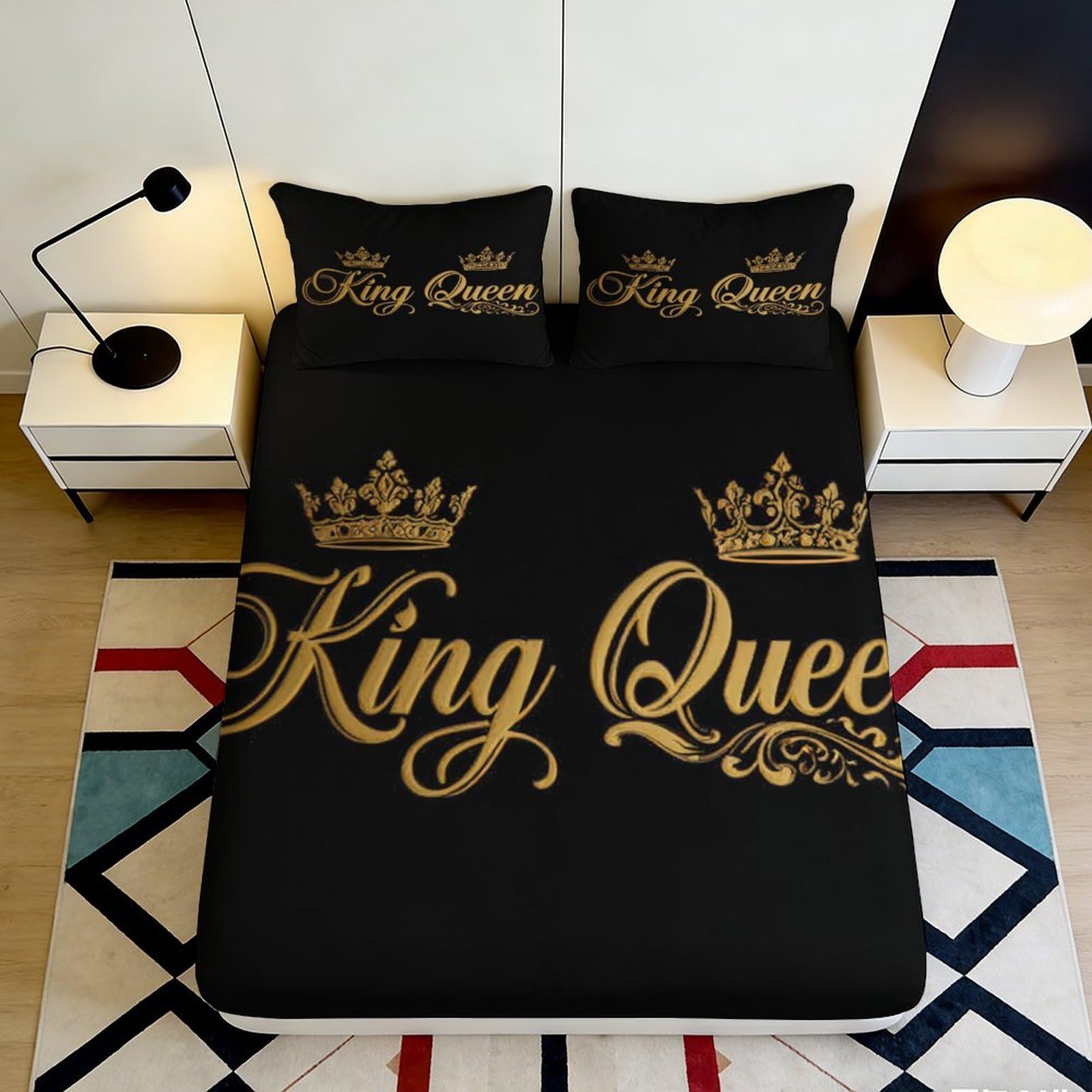 3D Printed Crown King Queen Fitted Sheet Microfiber Soft Black Bed Cover for Bedroom Dorm Mattress Decor Protection 90x200x25cm