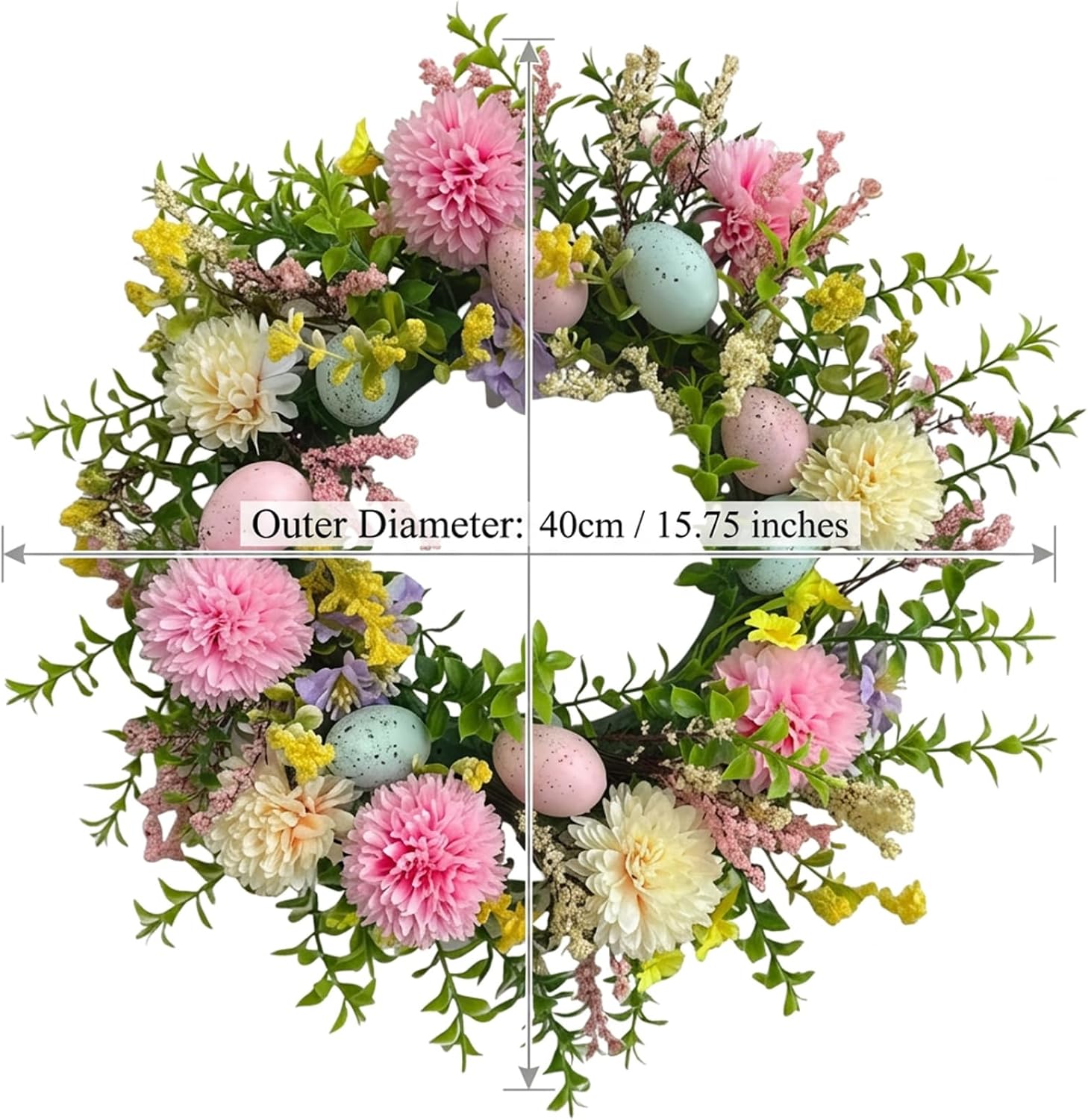 Easter Door Wreath Easter Wreaths for Front Door, 40cm Spring Floral Wreath with Colorful Eggs & Flowers for Decorations