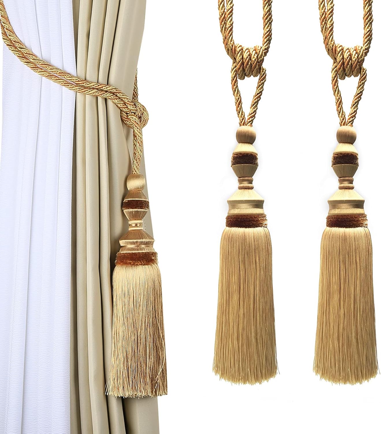 Fenghuangwu 2Pcs Curtain Tiebacks Tassel Tie-Backs, Elegant Curtain Tie Backs Holdbacks for Decor-Gold Gold style-1