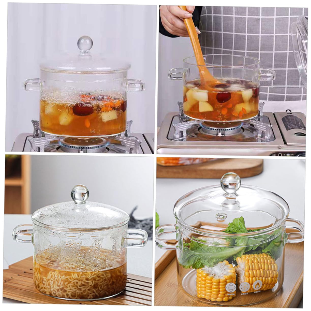2 Stück Hitzebeständiger Glas Kochtopf mit Deckel Große Transparente Pfanne für Langsames Schmoren Suppen Nudelgerichte für Zuhause und Babyernährung