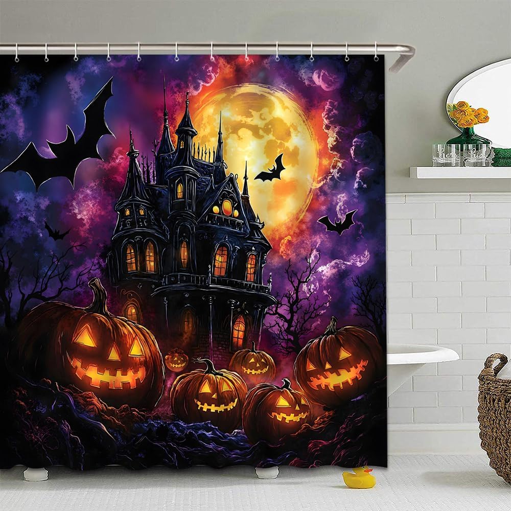 Halloween Castle Shower Curtain Gothic Pumpkin Lantern Bat Magic Fantasy Mysterious Full Moon Scary Purple Spooky Holiday Bathroom Curtain Set Polyester Fabric Hooks 70 X 90 Inch